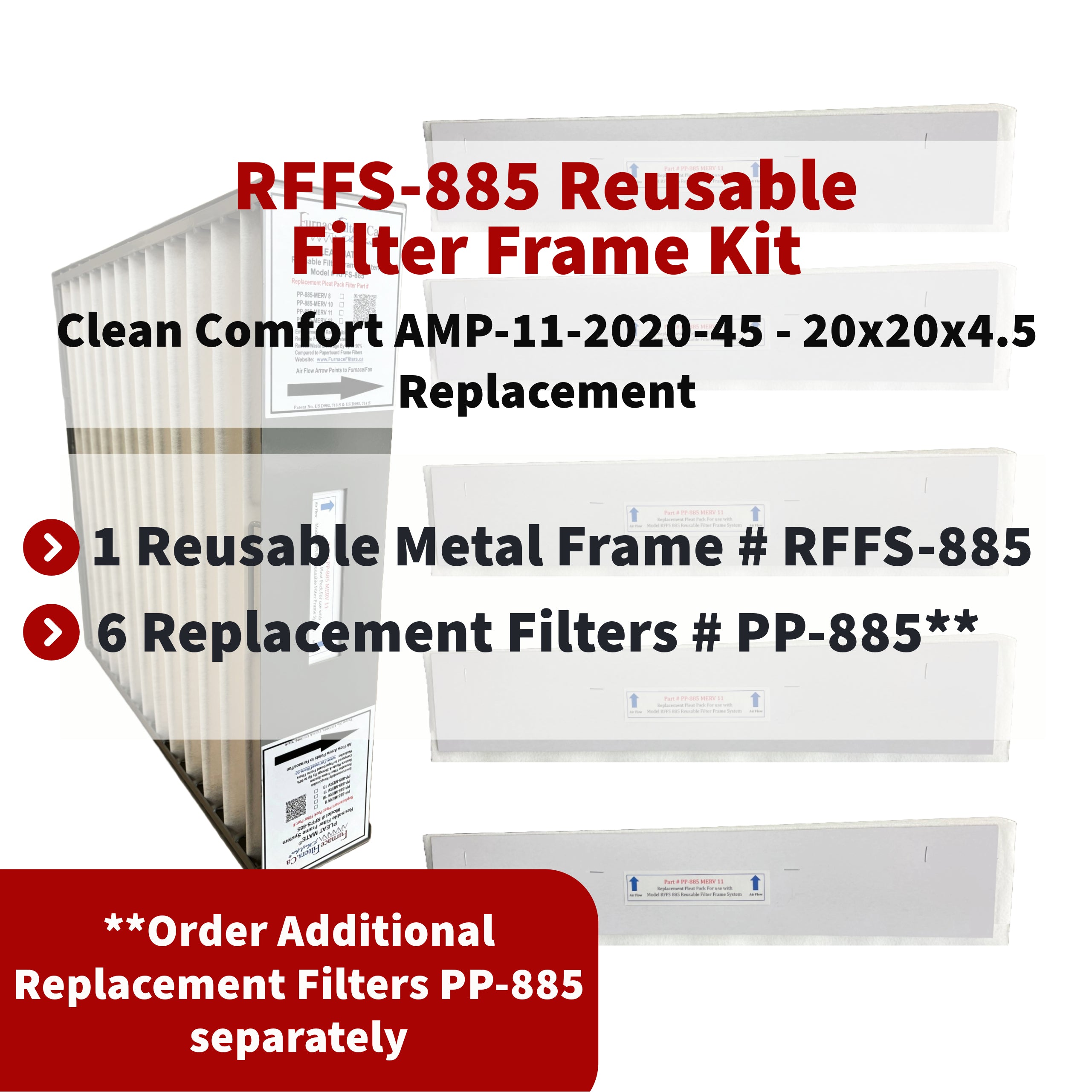 Clean Comfort AMP 11 2020 45 - 20x20x4.5 Reusable Air Filter Frame Kit with Lifetime Frame (Model RFFS 885) & 6 MERV 11 Replacement Filters (Part PP 885) | FurnaceFilters.Ca | Perfect for HVAC Systems, Home Air Purification & Allergen Reduction