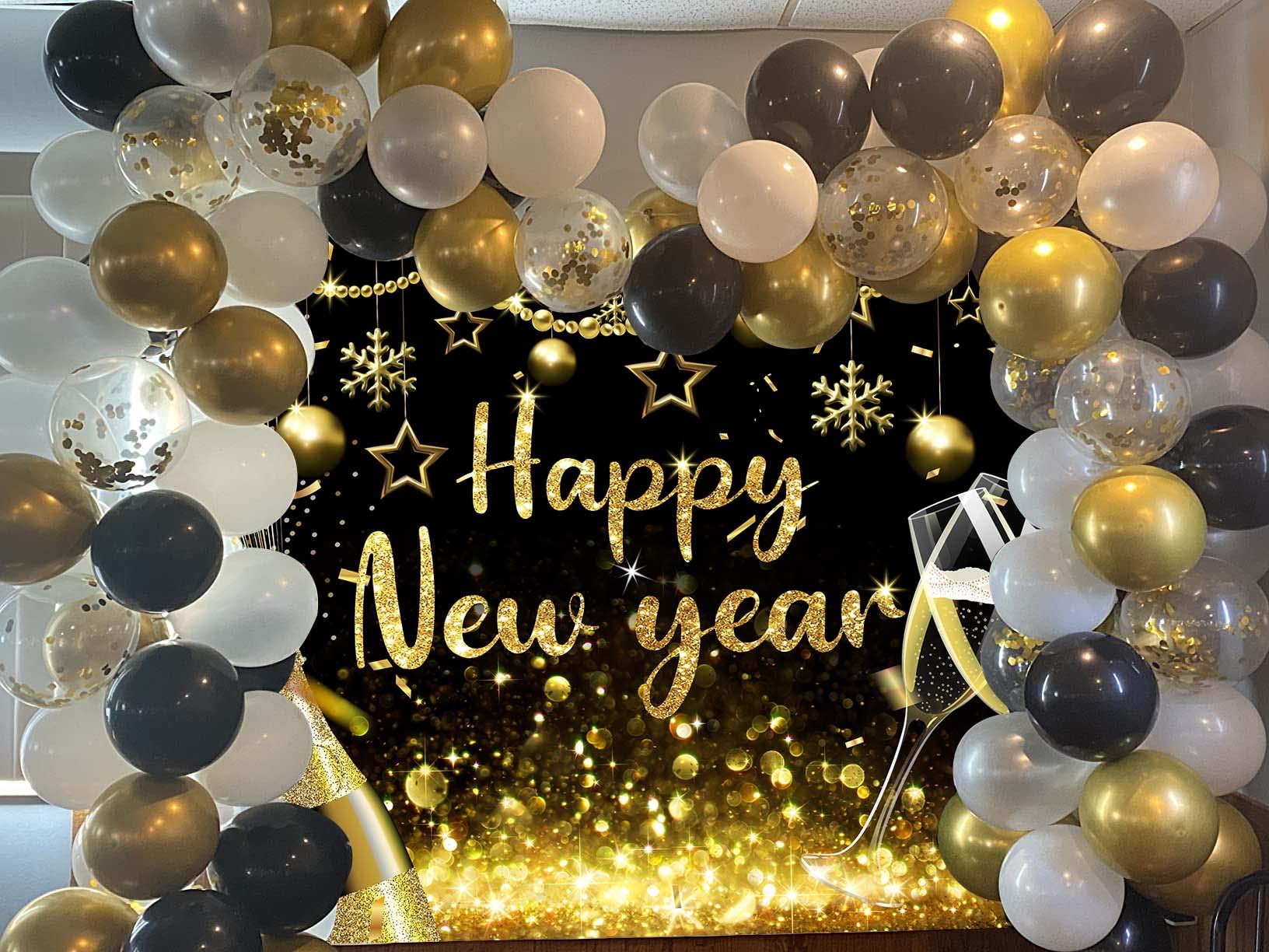 2025 Happy New Year Backdrop - Gold Glitter New Year's Eve Party Decoration (7x5 FT) | Photo Booth Background, NYE Celebration, Holiday Event Decor