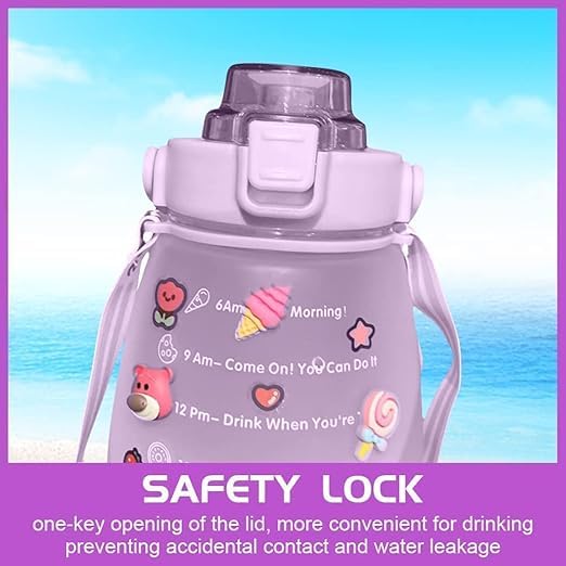 1500ML Motivational Water Bottle with Straw & Shoulder Strap - Kawaii Gym Bottle for Sports, Fitness, School, Camping & Travel - Cute Purple Belly Jug for Hydration On The Go