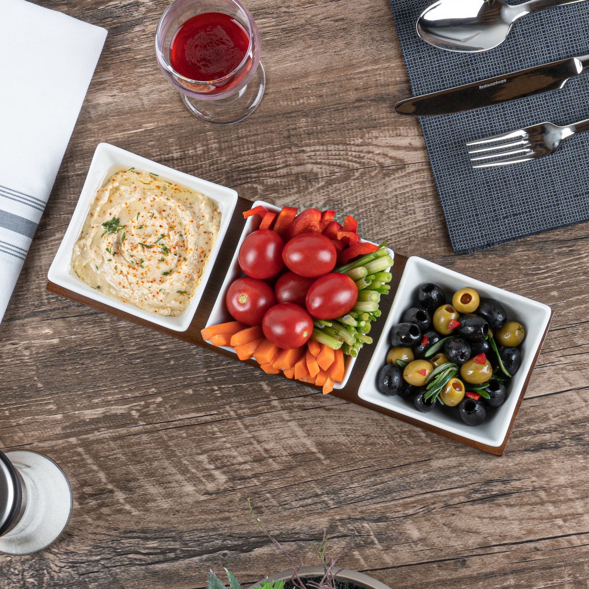 15 oz White Porcelain Cocktail Bowl Set with Bamboo Tray - 3 Rectangle Bowls (12x4x2.5 Inches) for Appetizers, Sushi & Party Snacks - Premium Dinnerware for Home & Restaurant Use