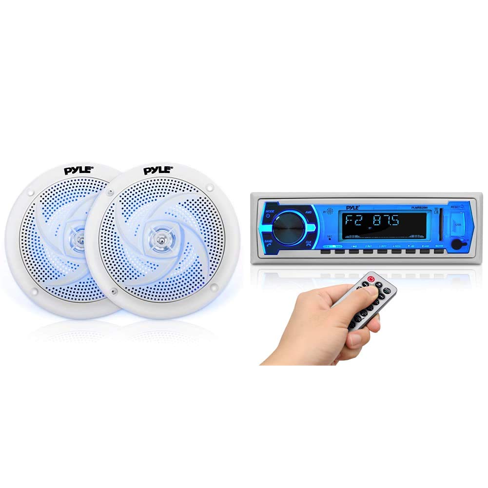 Pyle 5.25 Inch 2-Way Marine Speakers - Waterproof & Weatherproof Outdoor Stereo Sound System (1 Pair) with Bluetooth Boat Radio - 12V Single DIN Marine Audio Receiver for Boats, Yachts & Outdoor Adventures