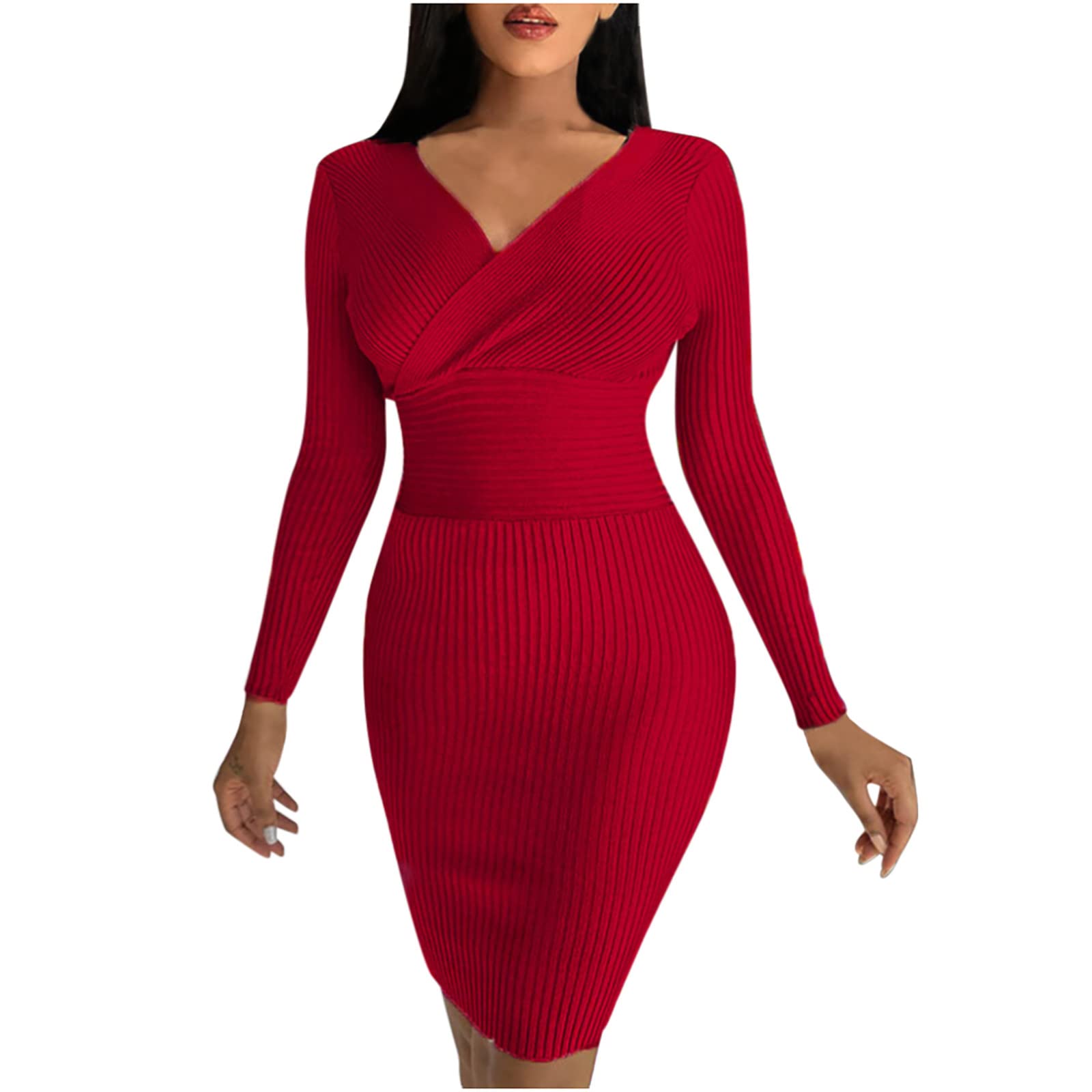 Elegant Wrap Dress for Women - Fall Wedding Guest Long Sleeve Bodycon Dress with High Waist, Midi Knit Sweater Dress for Party, Date Night & Office Wear