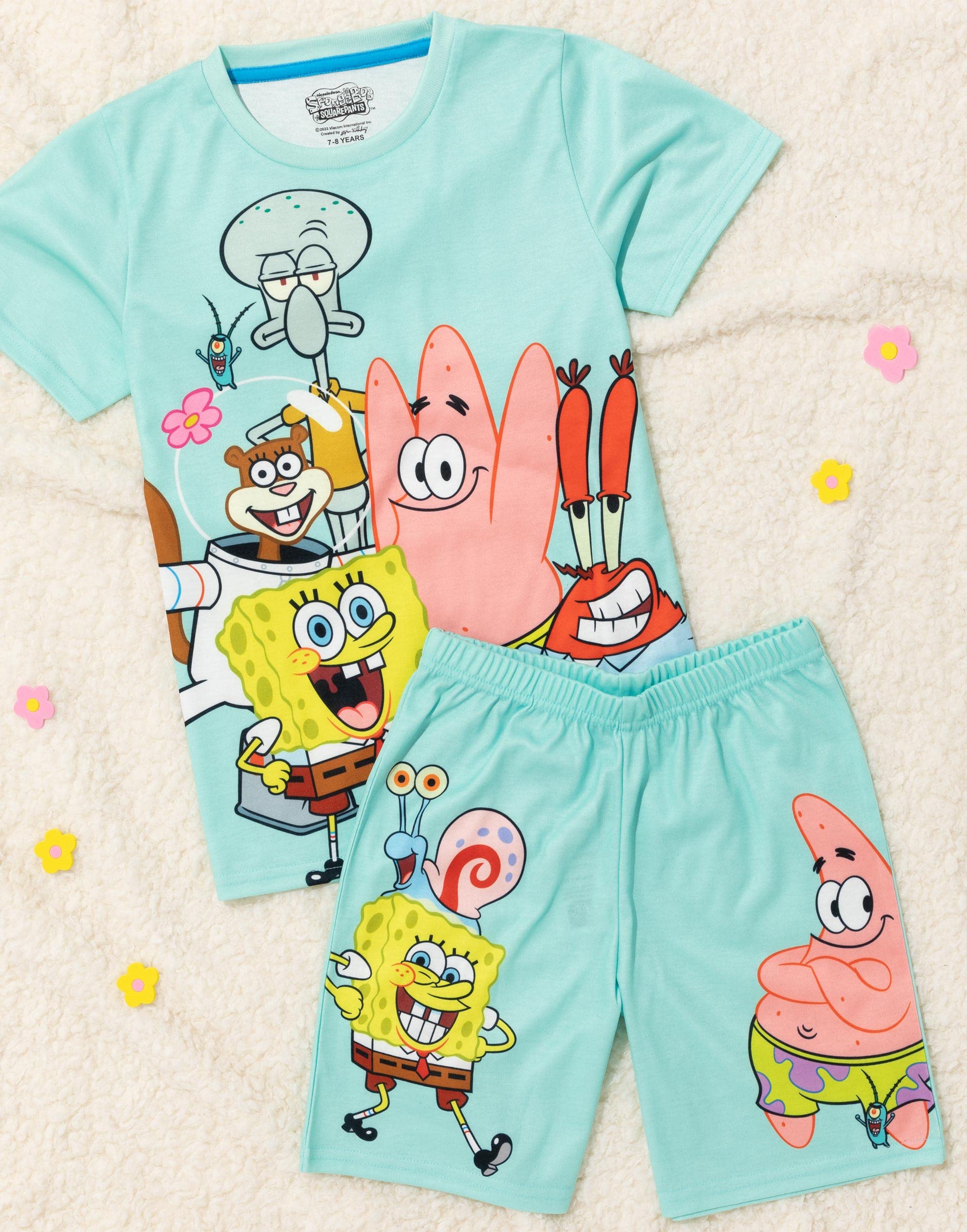 SpongeBob SquarePants Kids Pajama Set - Blue Short Sleeve T-Shirt & Shorts PJs for Boys & Girls | Squidward Patrick Mr Krabs Gary Characters | Soft Cotton Loungewear for Sleepovers & Movie Nights | Official SpongeBob TV Show Merchandise Gift