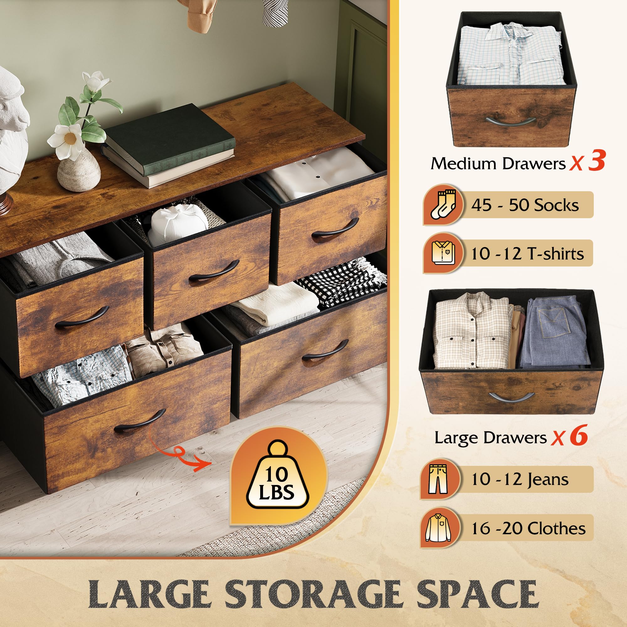 WLIVE 5-Drawer Fabric Dresser for Bedroom - Rustic Brown Wood Grain Storage Organizer with Fabric Bins | Perfect for Closet, Living Room & Hallway Organization