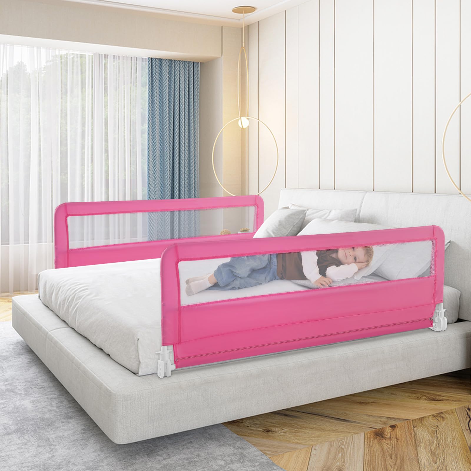 **HONEY JOY 59-inch Extra Long Toddler Bed Rail – Portable Safety Guardrail with Double Child Lock, Foldable Baby Bed Rail for King, Queen, Full & Twin Mattresses (Pink, 2 Pack) – Perfect for Travel, Daycare & Home Safety**