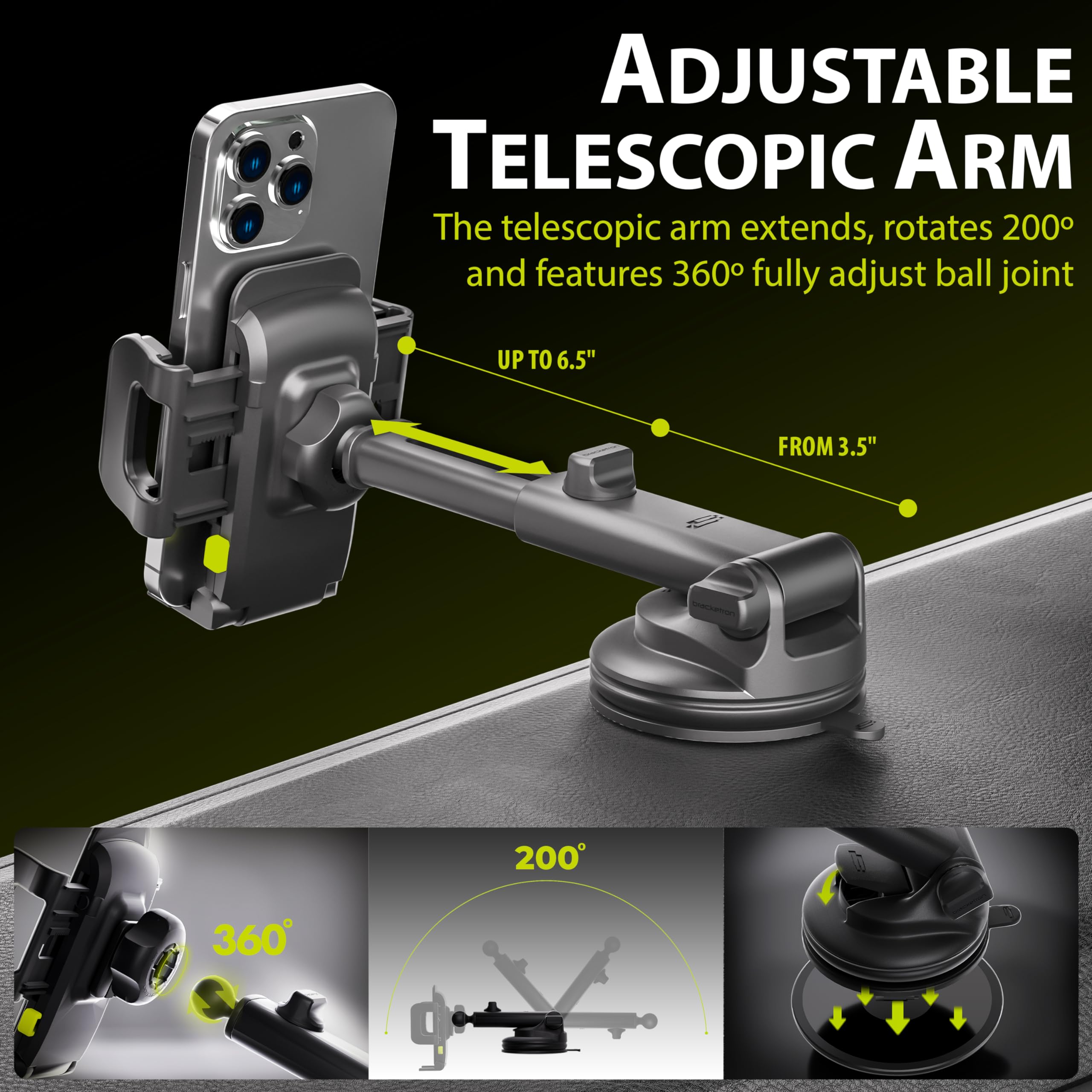 Bracketron TripGrip Series Universal Car Phone Mount Holder - Dashboard, Windshield & Vent Compatible - Expandable Design for Secure Phone Mounting - Perfect for GPS Navigation, Hands-Free Calls & Road Trips