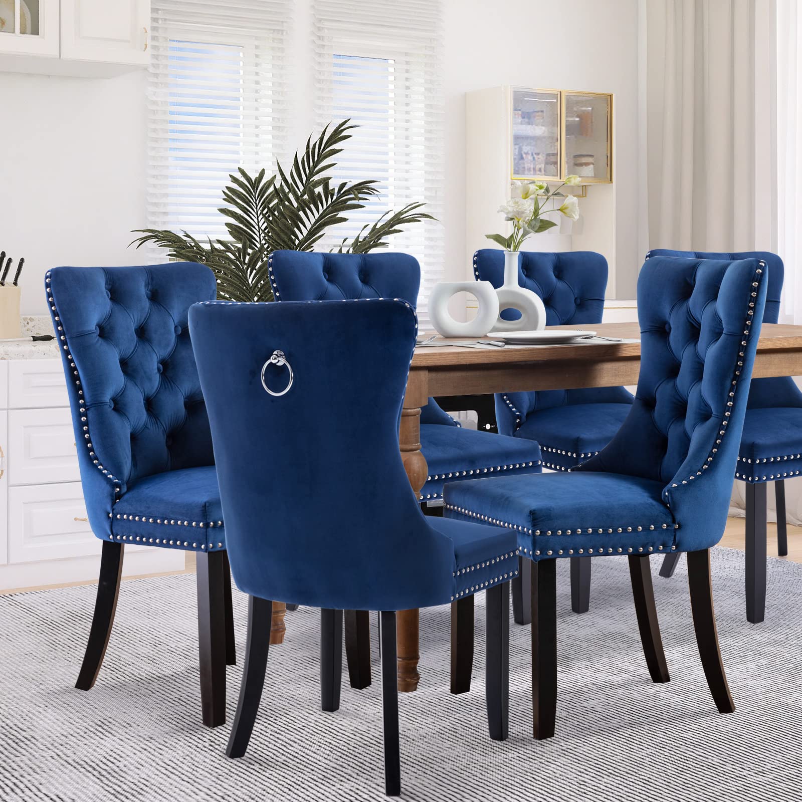 SoarFlash 6-Piece Velvet Dining Chairs Set - Modern Upholstered High Back Tufted Side Chairs with Button Back Ring & Solid Wood Legs, Blue - Perfect for Dining Room, Kitchen, Restaurant, and Home Decor