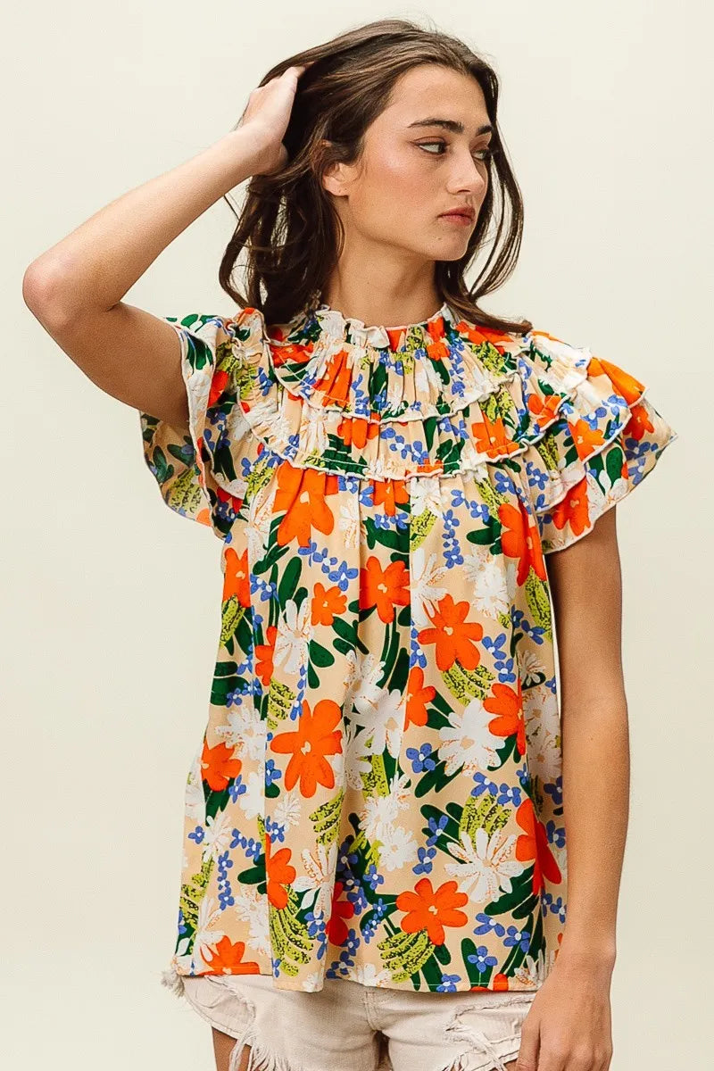 BiBi Women's Floral Print Woven Blouse - Casual Short Sleeve Summer Tops for Beach, Vacation & Everyday Wear