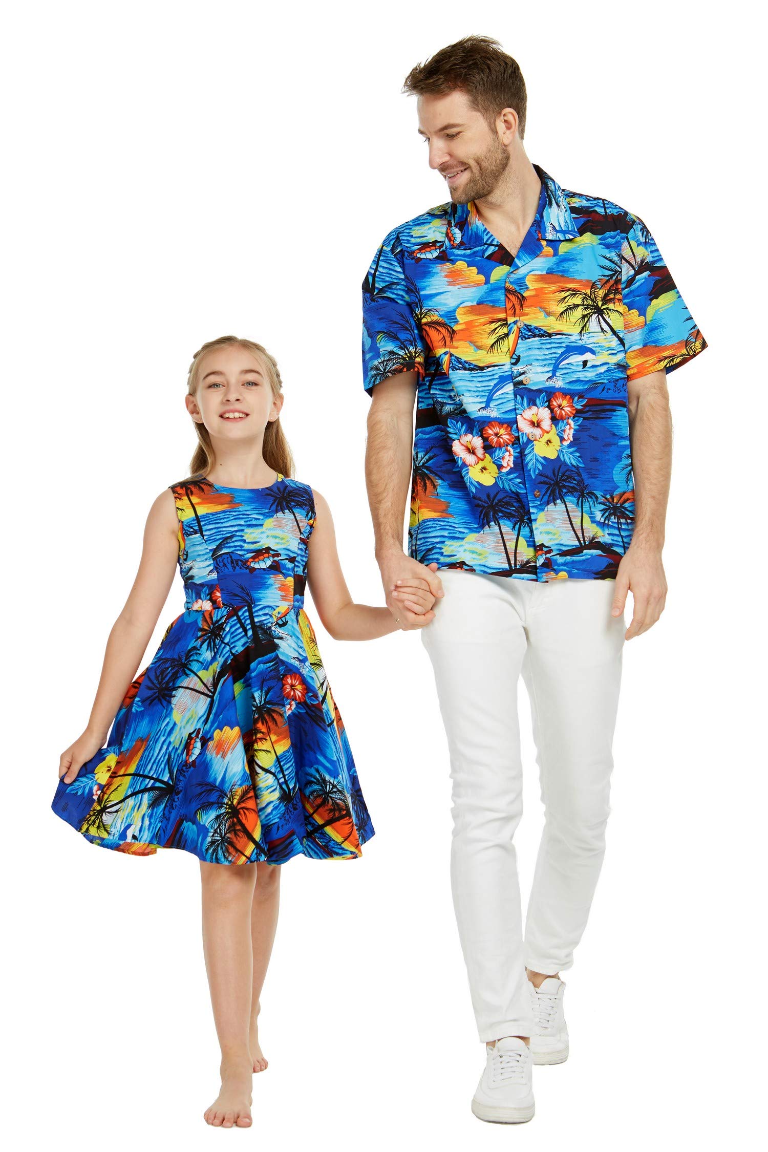Vintage Matching Father Daughter Hawaiian Luau Dance Shirts & Dresses - Sunset Dolphin Print Aloha Outfits for Beach Party, Family Vacation, and Tropical Themed Events
