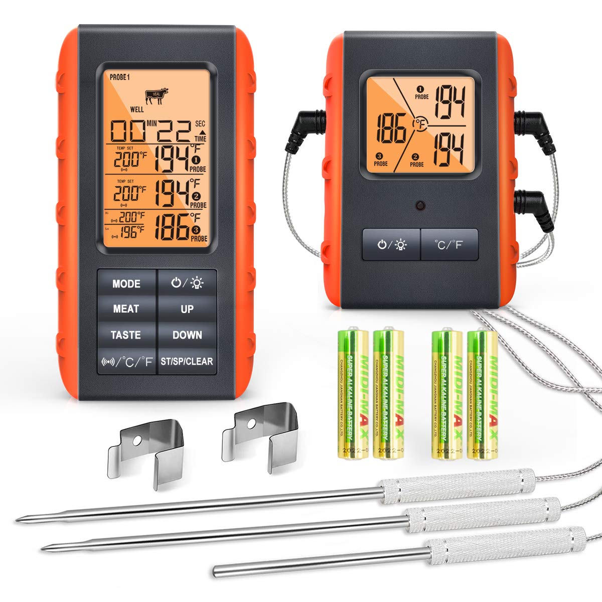 Wireless Digital Meat Thermometer for Grilling, Smoking & BBQ - 3 Probes with 490ft Range - Monitor Food & Ambient Temperature for Kitchen, Oven & Outdoor Cooking - Perfect for Steak, Turkey, Candy Making & More