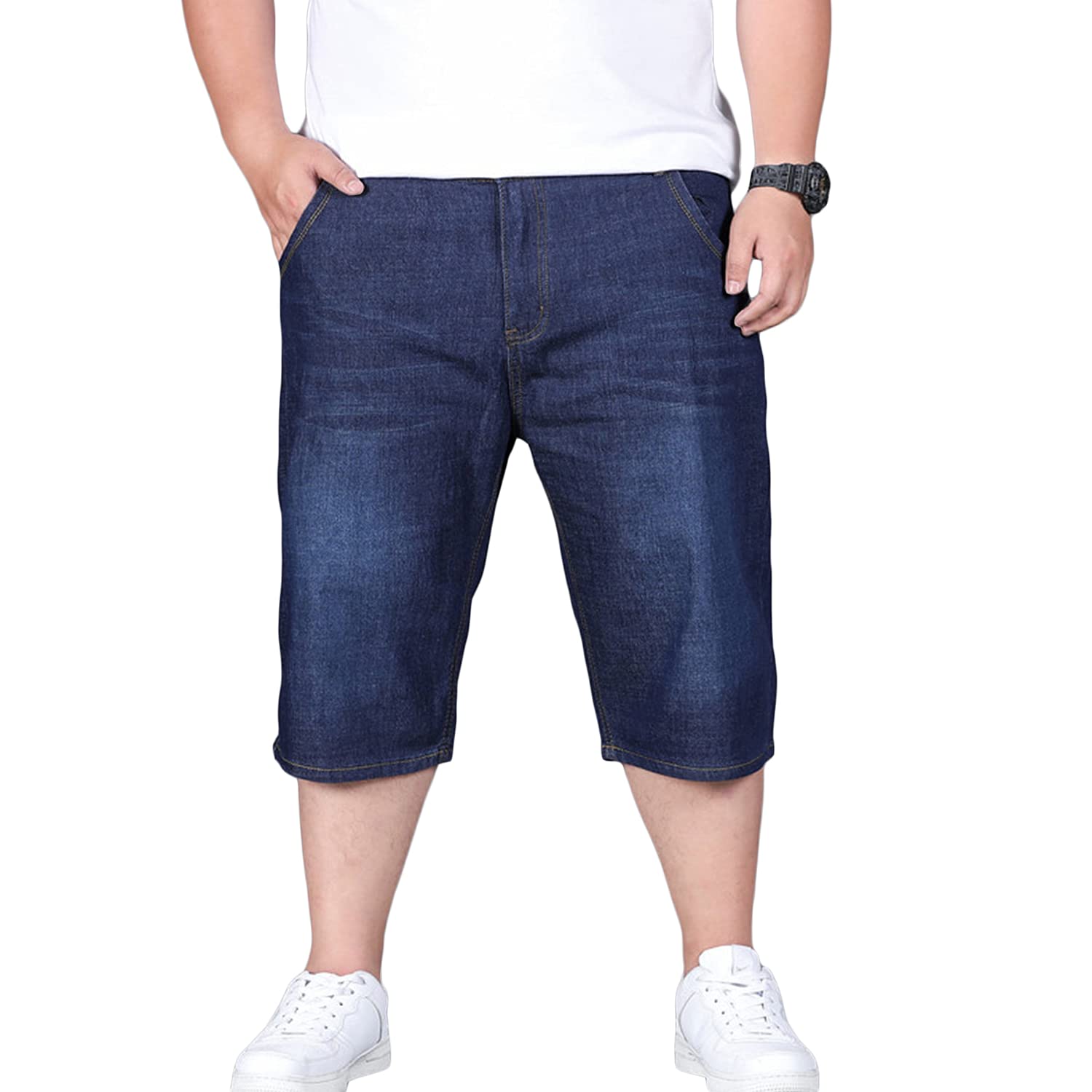 Men's Big & Tall Stretchy Denim Shorts - Loose Fit 3/4 Length Baggy Jean Shorts for Hip Hop Style | Plus Size Casual Wear for Summer, Street Fashion & Outdoor Activities