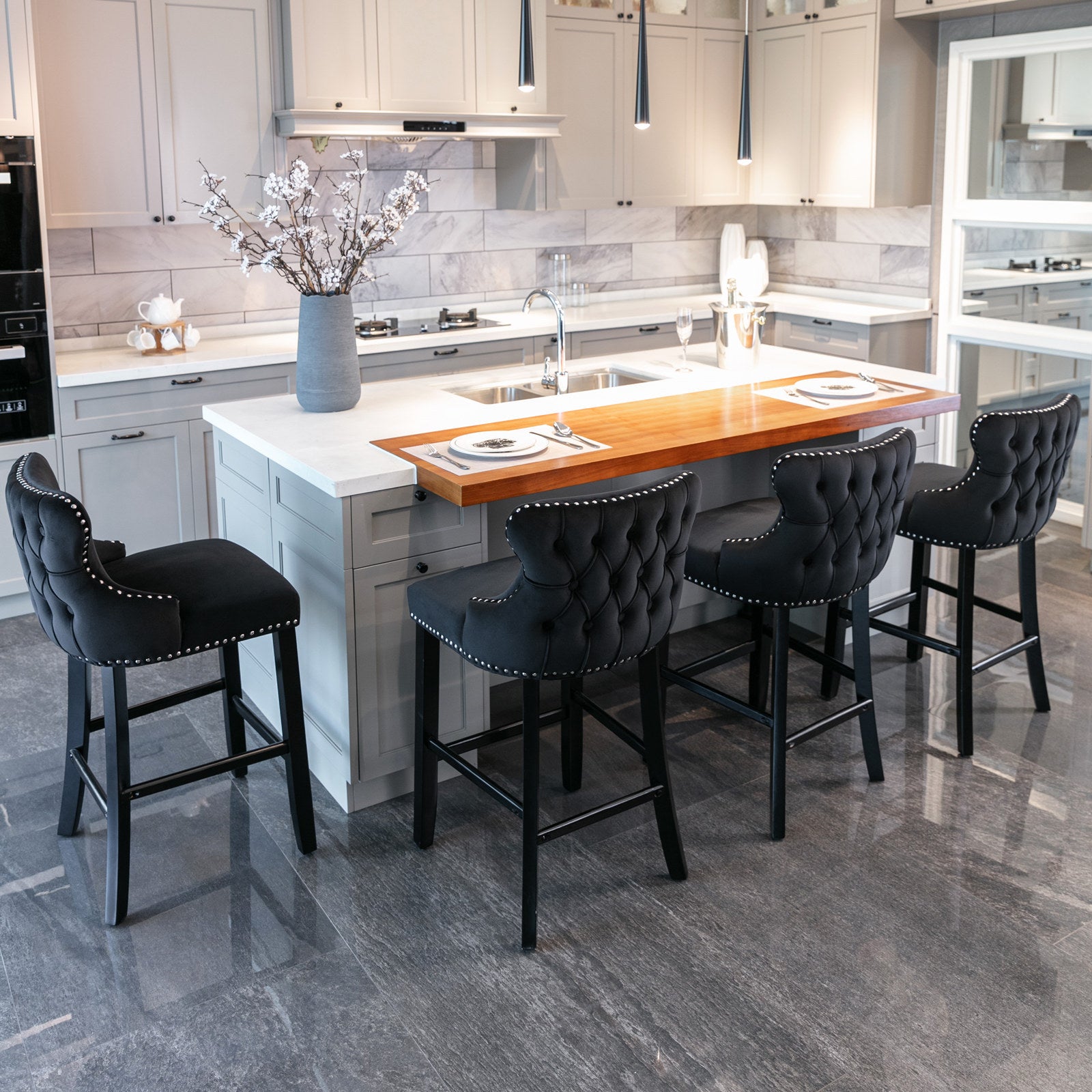 Modern Velvet Upholstered Wingback Bar Stools with Button Tufting & Wooden Legs - Set of 4 Black Bar Chairs with Chrome Nailhead Trim for Kitchen Island, Home Bar & Dining Room Decor - SW1824BK
