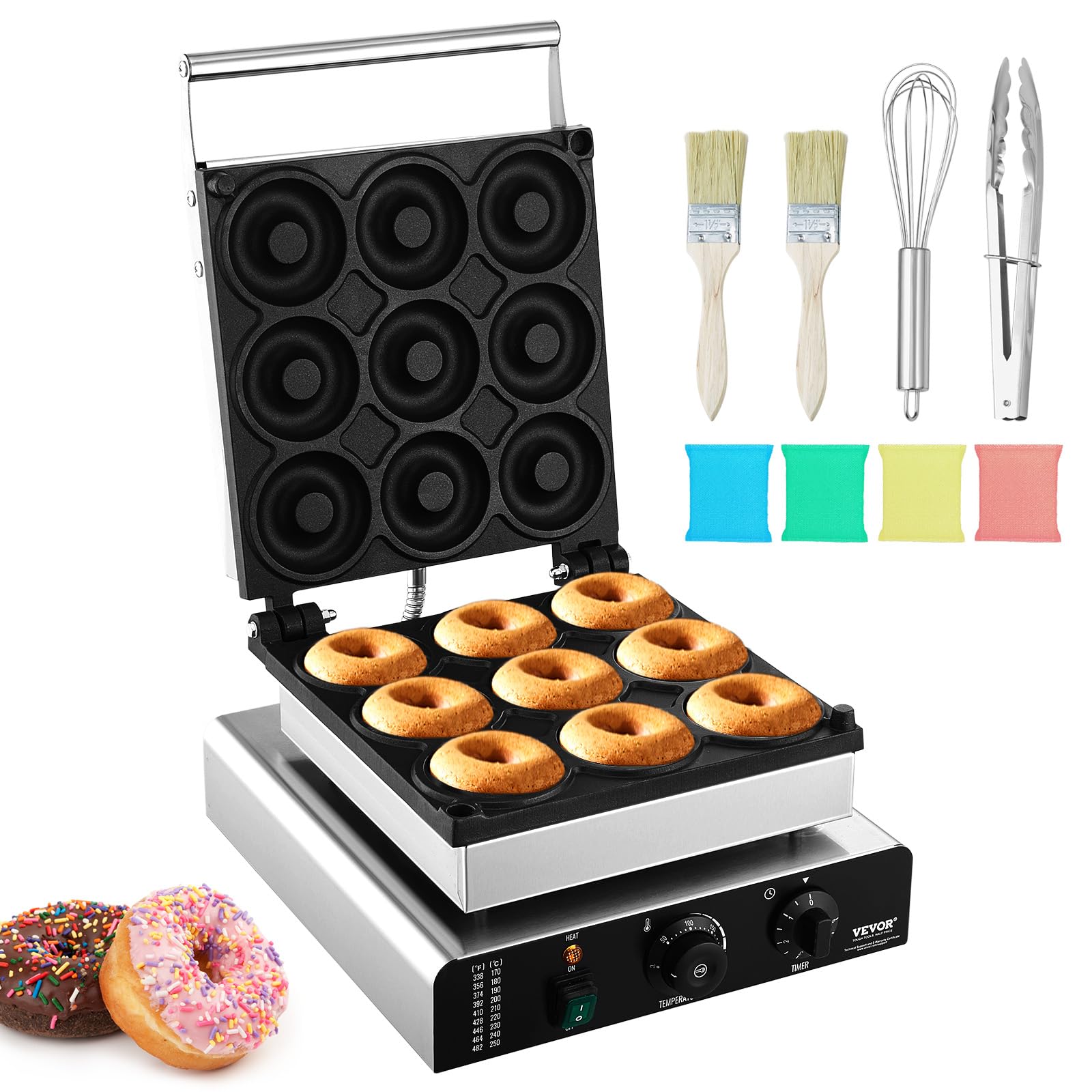 VEVOR 2000W Commercial Electric Donut Maker Machine - 9 Hole Non-Stick Waffle Iron with Double-Sided Heating (122-572℉) - Perfect for Restaurants, Bakeries, Cafes & Home Breakfast Donut Making