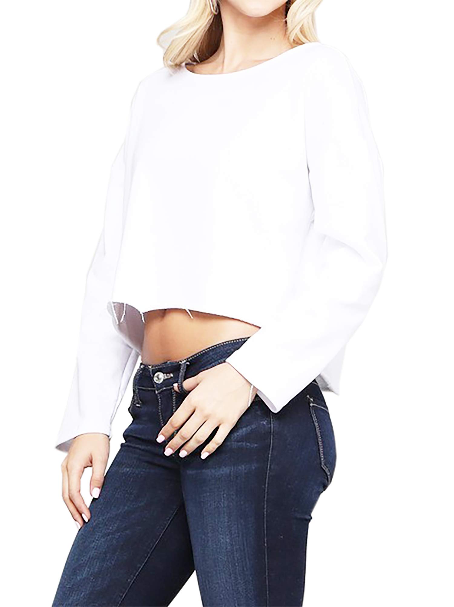 Women's Cropped High-Low Raw Hem French Terry Sweatshirt - Casual Scoop Neck Pullover for Spring & Fall | Perfect for Streetwear, Layering & Lounge Wear