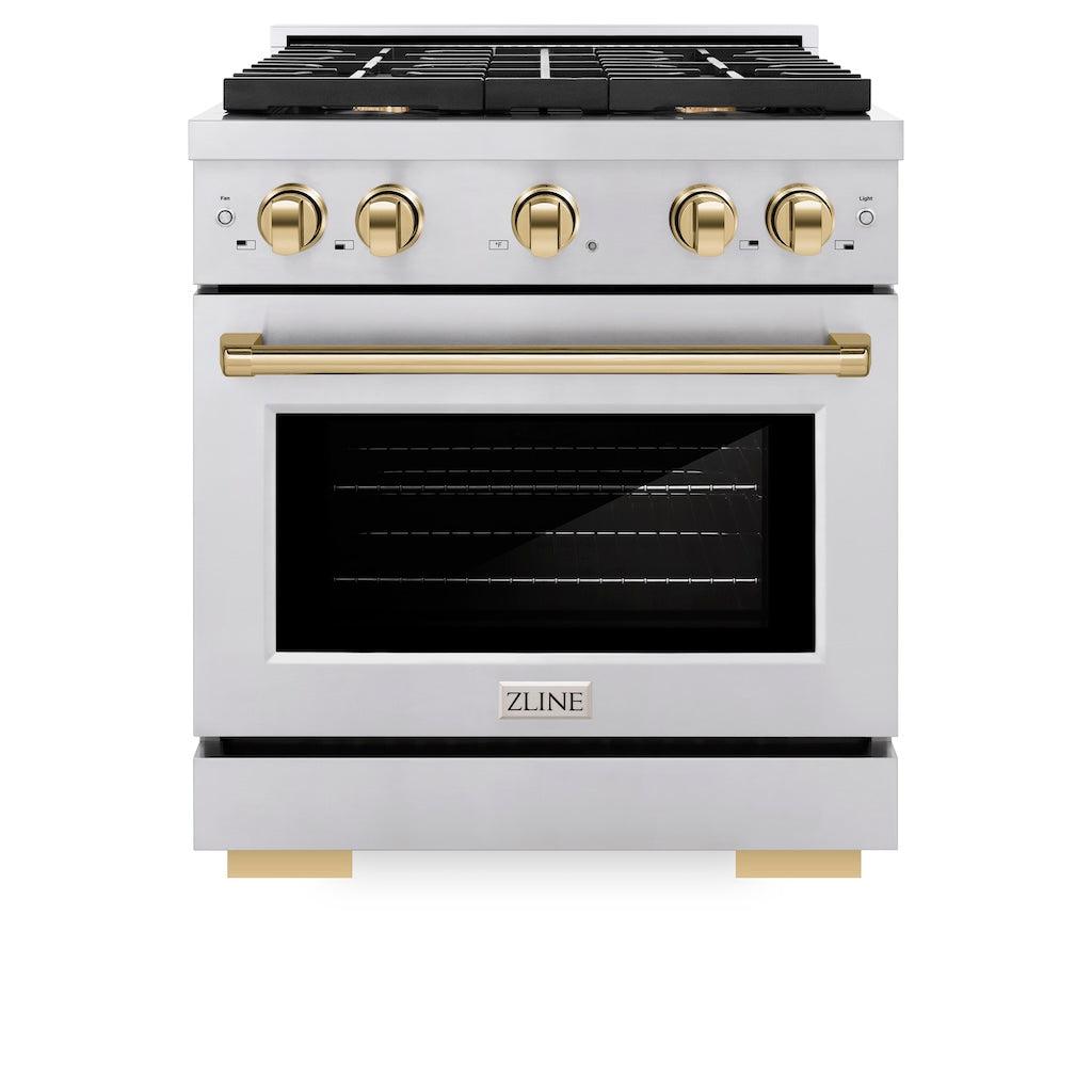 ZLINE Autograph Edition 30-inch 4.2 cu. ft. Stainless Steel Gas Range with 4 Burner Cooktop & Convection Oven - Polished Gold Accents (SGRZ 30 G) for Professional Home Kitchens & Gourmet Cooking