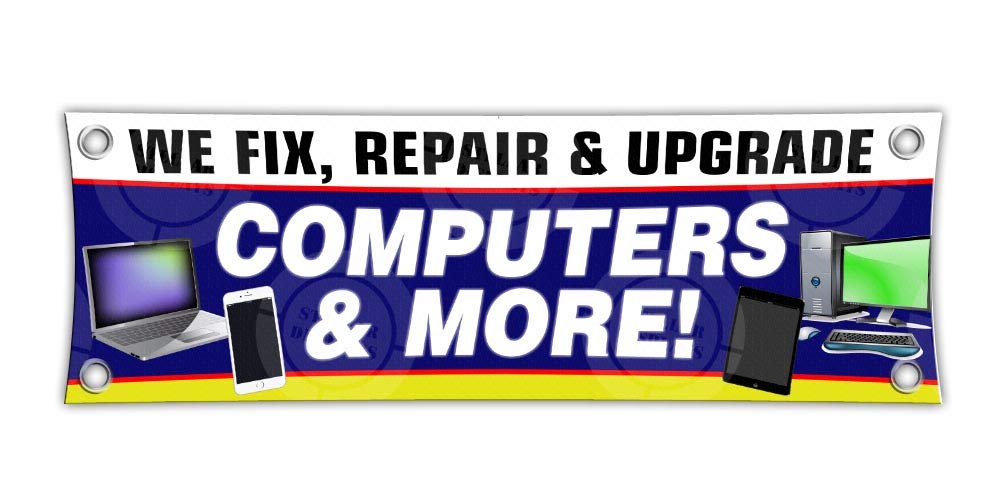 WE FIX Computer Repair & Upgrade Services Banner (3ft x 9ft) - Custom PC & Cell Phone Shop Open Sign - Perfect for Storefronts, Tech Repair Shops & Electronics Businesses