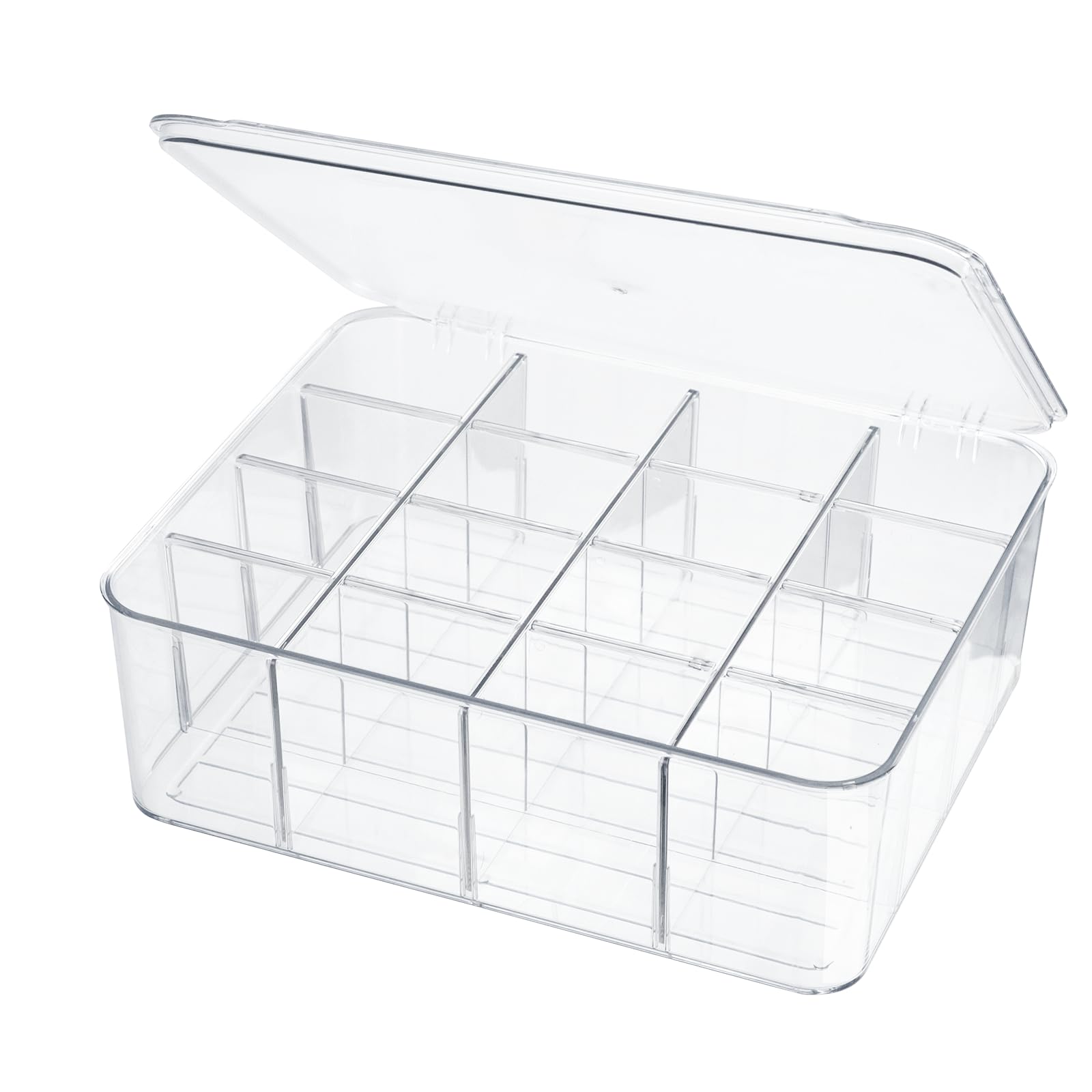 16-Compartment Plastic Drawer Organizer with Lid - Clear Storage Bin for Socks, Underwear, Bras, Scarves & Ties - Removable Dividers for Dresser Drawer Organization - Perfect for Bedroom, Closet & Travel Storage