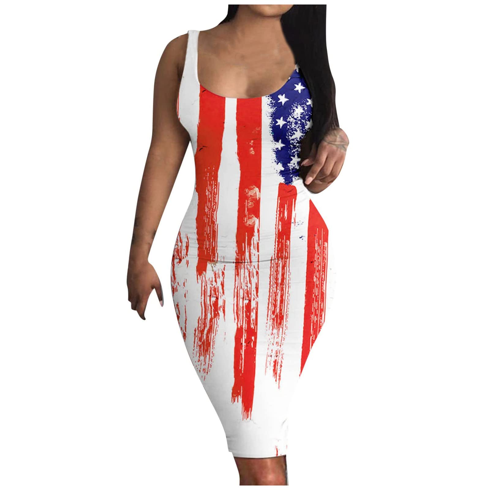 Women's American Flag Star Stripe Cocktail Dress - Sleeveless Bodycon Mini Sundress for Graduation, 4th of July Party & Summer Events | Sexy Sling Dress for Club Night & Beach Outings