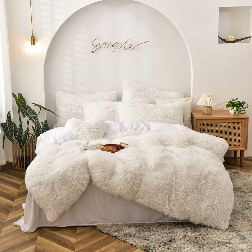 Luxury Plush Velvet Duvet Cover 4-Piece Set - Ultra Soft Mink Cashmere Bedding Comforter Cover with Pillowcases | Winter Warm Shaggy Bedspread & Flat Sheet | Twin Size White Bedding Set for Cozy Winter Nights & Guest Room Decor