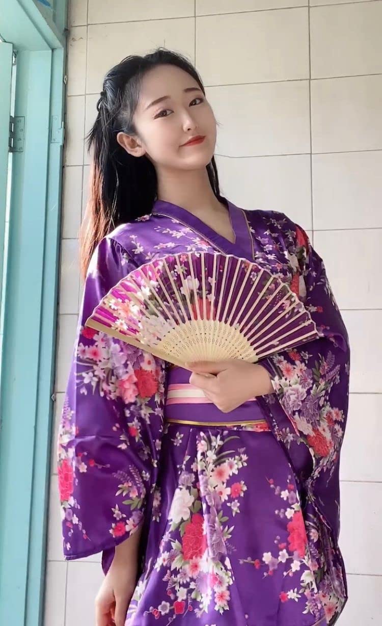 Japanese Anime Women's Dance Kimono Robe with Silk Folding Fan & Tabi Socks Set - Traditional Cosplay Costume for Halloween, Stage Performance and Themed Parties