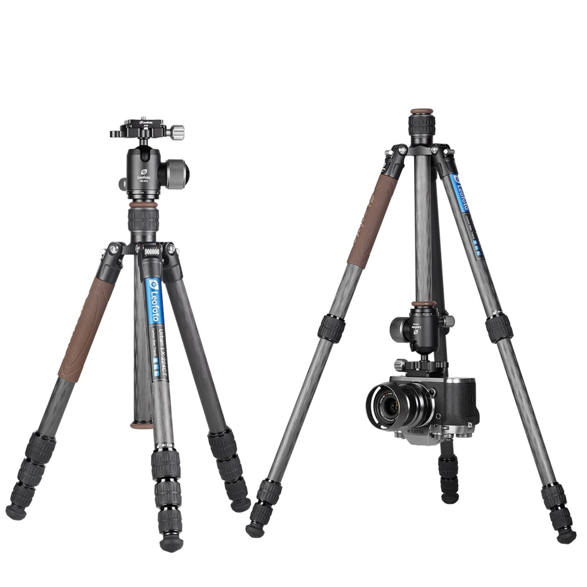 Leofoto LX-224CT+XB-32Q Carbon Fiber Travel Tripod with Ball Head - Lightweight 4-Section Portable Tripod for Photography, Hiking & Travel - Reversible Leg & Center Column Design