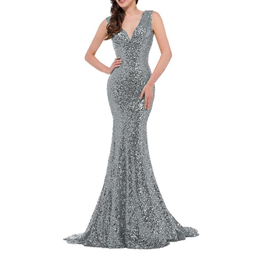 Elegant Gold Sequin V-Neck Backless Long Evening Dress for Bride - Boho Wedding Gown with Halter Neckline & Slim Sleeves (Silver, Size 22W) | Perfect for Banquets, Evening Parties & Romantic Weddings