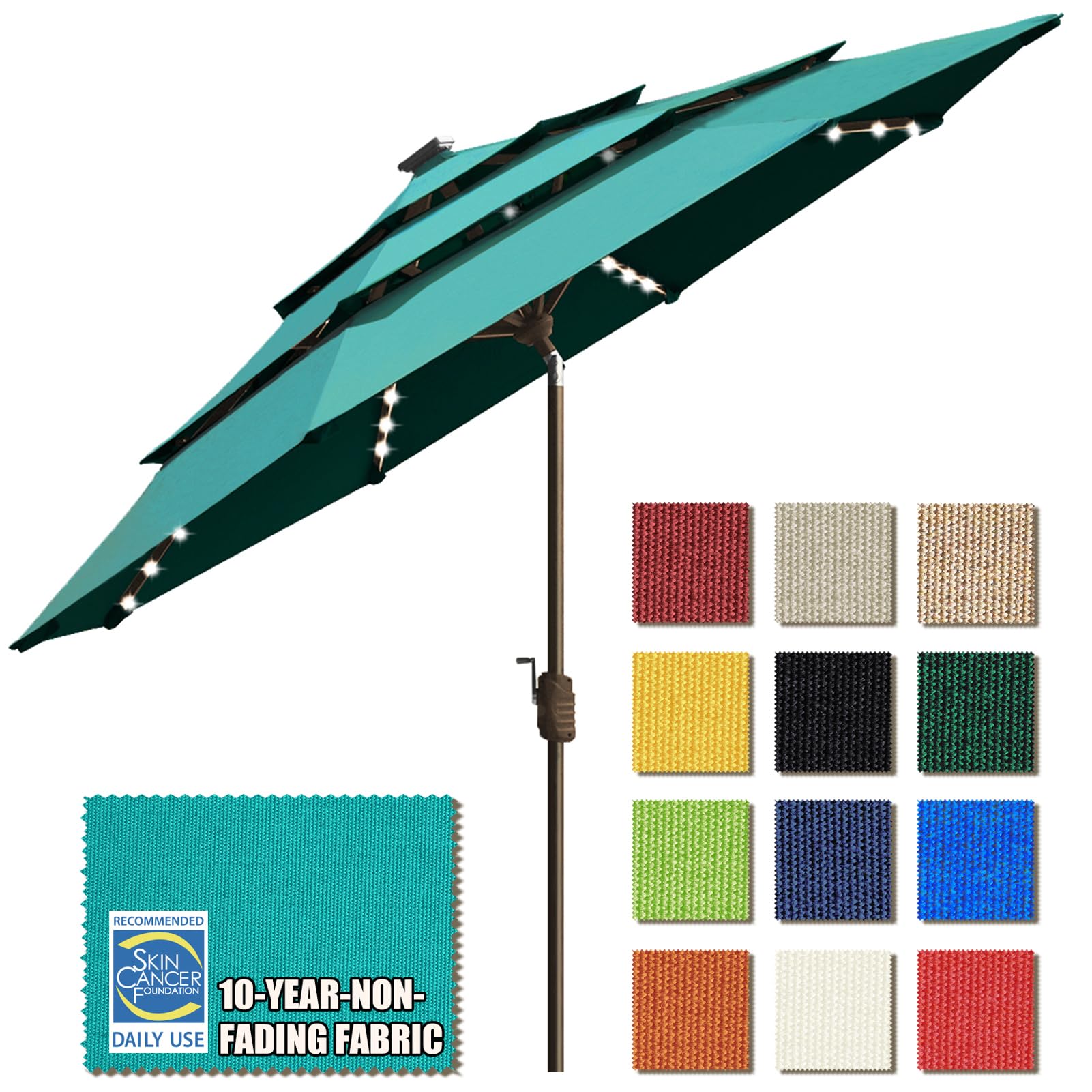 EliteShade USA 10-Year Fade-Resistant 9ft 3-Tier Solar Patio Umbrella with 80 LED Lights - Outdoor Market Umbrella with Ventilation for Deck, Poolside, and Backyard (Teal)