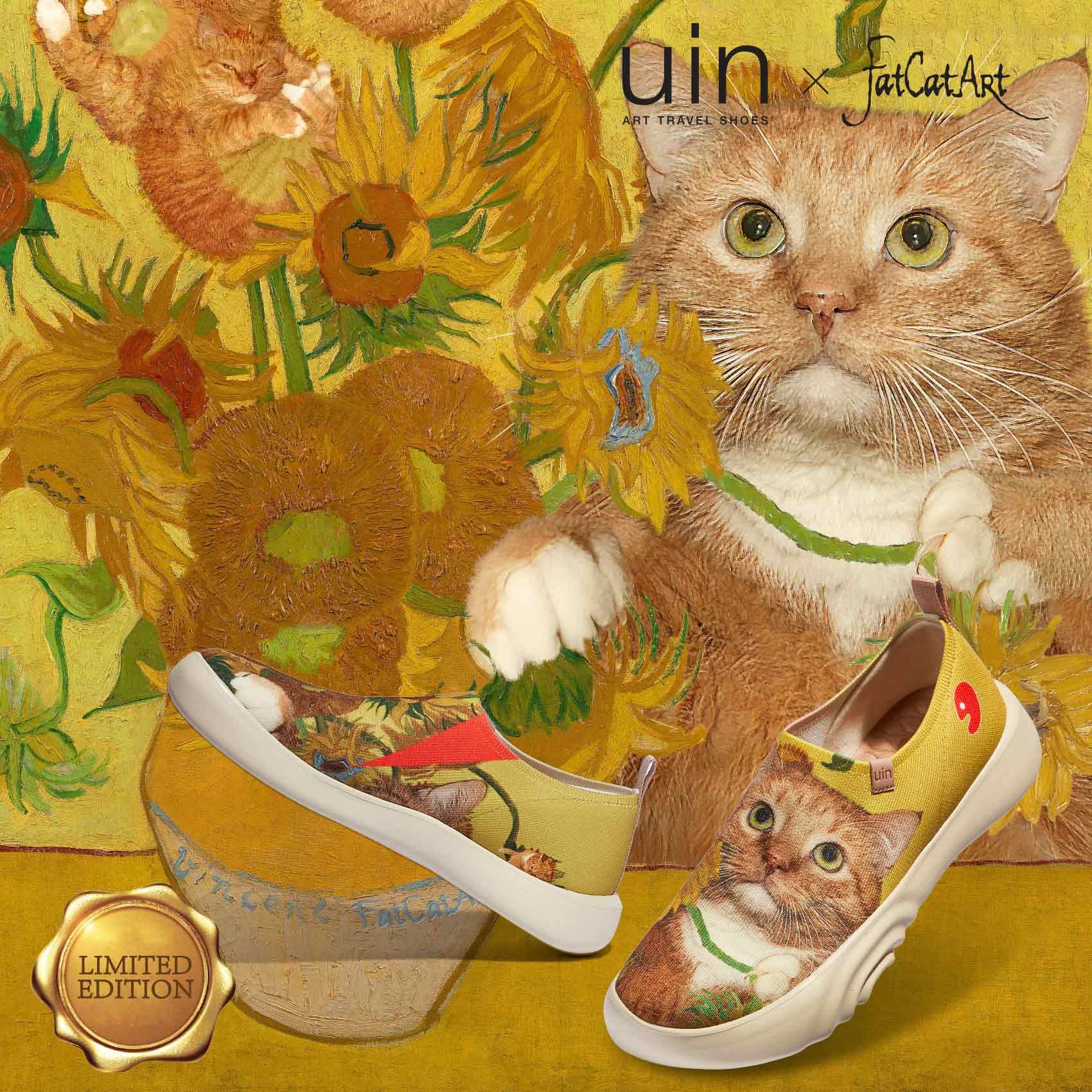 UIN x FatCatArt Women's Fashion Sneakers - Lightweight Slip-On Walking Shoes with Sunflower & Cat Design | Size 9.5 | Perfect for Travel, Casual Wear & Art Lovers