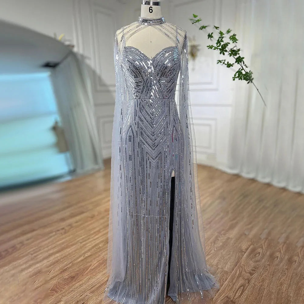Elegant Silver Cape Sleeve Mermaid Evening Gown with High Slit & Beaded Details - Women's Formal Party Dress for Prom, Gala & Special Occasions - LA72137