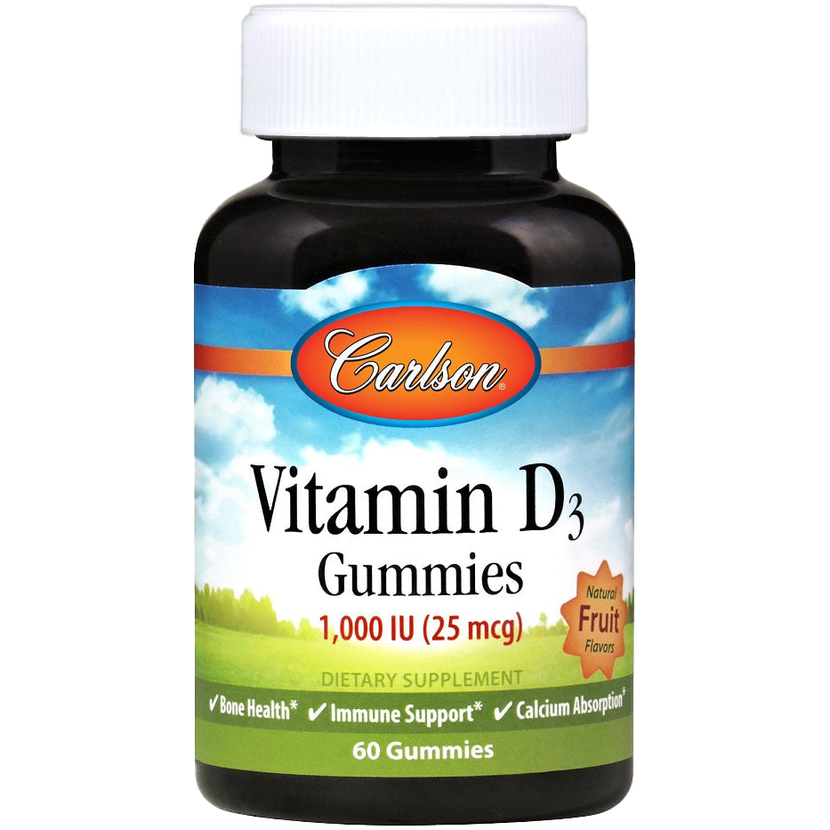 Carlson Labs Vitamin D3 Gummies 1000 IU - Natural Fruit Flavor, 60 Count | Immune Support & Bone Health Supplement for Adults & Kids | Great for Winter Months & Low Sunlight Areas