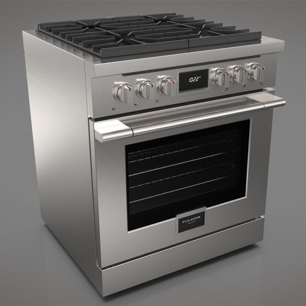 Fulgor Milano 30-inch 400 Series Accento Dual Fuel Range - Stainless Steel (F4PDF304S1) | Professional Gas & Electric Stove for Modern Kitchens