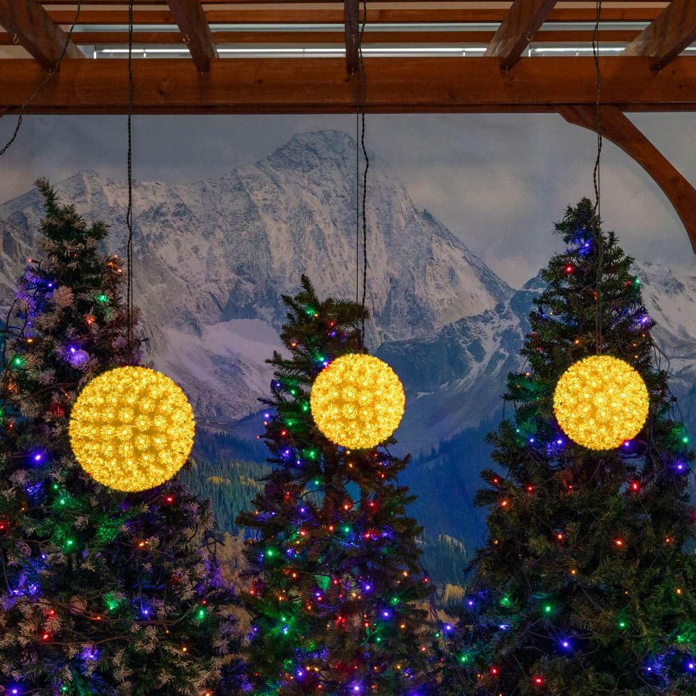 Outdoor Christmas Starlight Sphere Hanging Light Ball - 6 Inch Yellow Decorative Holiday Lights with 50 LED Bulbs for Xmas Tree, Garden, Patio & Party Decorations