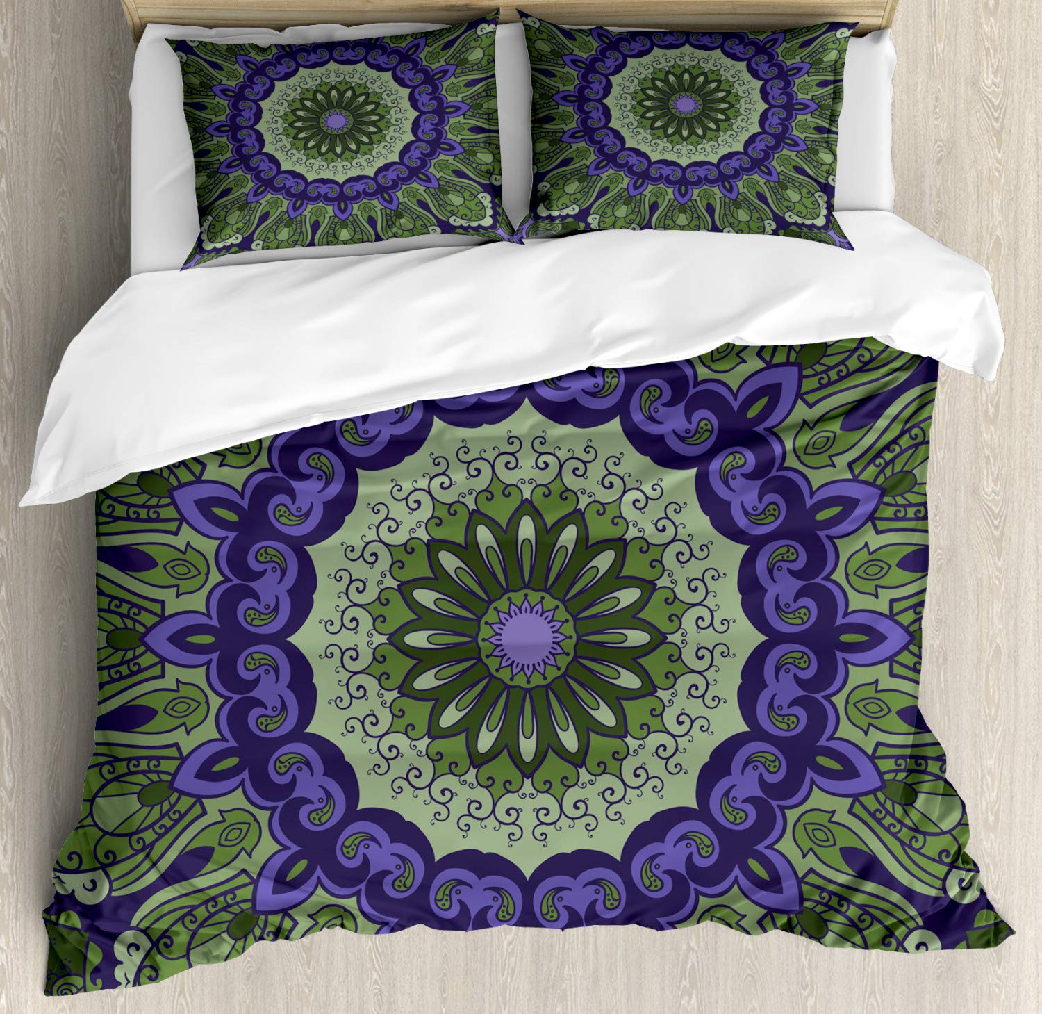 Ambesonne Purple Mandala Duvet Cover Set - 3 Piece Queen Size Bedding with Floral Petals & Leaves Design, 2 Pillow Shams | Bohemian Home Decor for Bedroom, Guest Room & Dorm | Soft & Stylish Multicolor Mandala Pattern