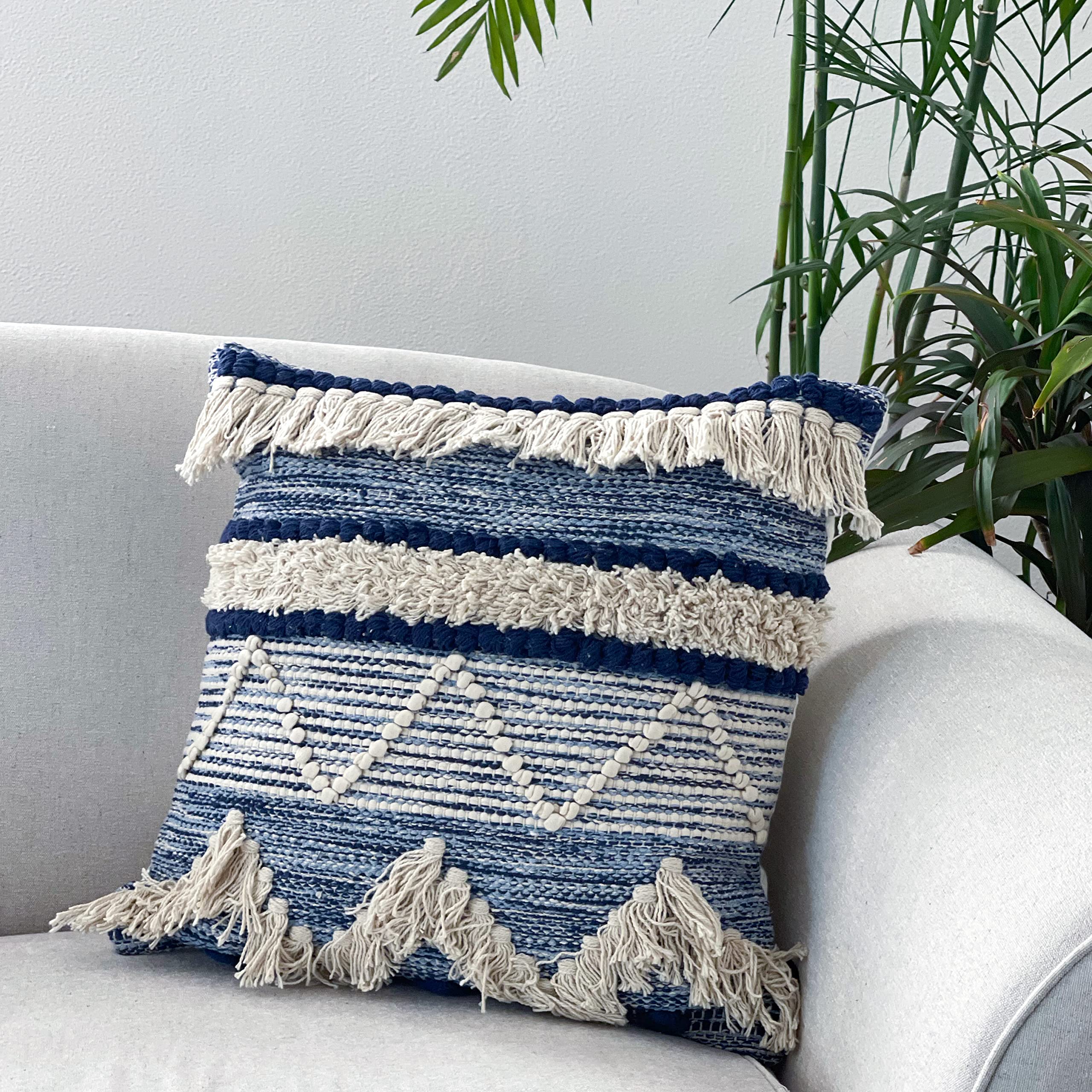 Chardin Home Montego - Handwoven Cotton Decorative Throw Pillow Covers Set of 2 (18x18 Inch) - Soft Square Blue & Off-White Couch & Sofa Pillow Cases for Living Room, Bedroom & Home Decor