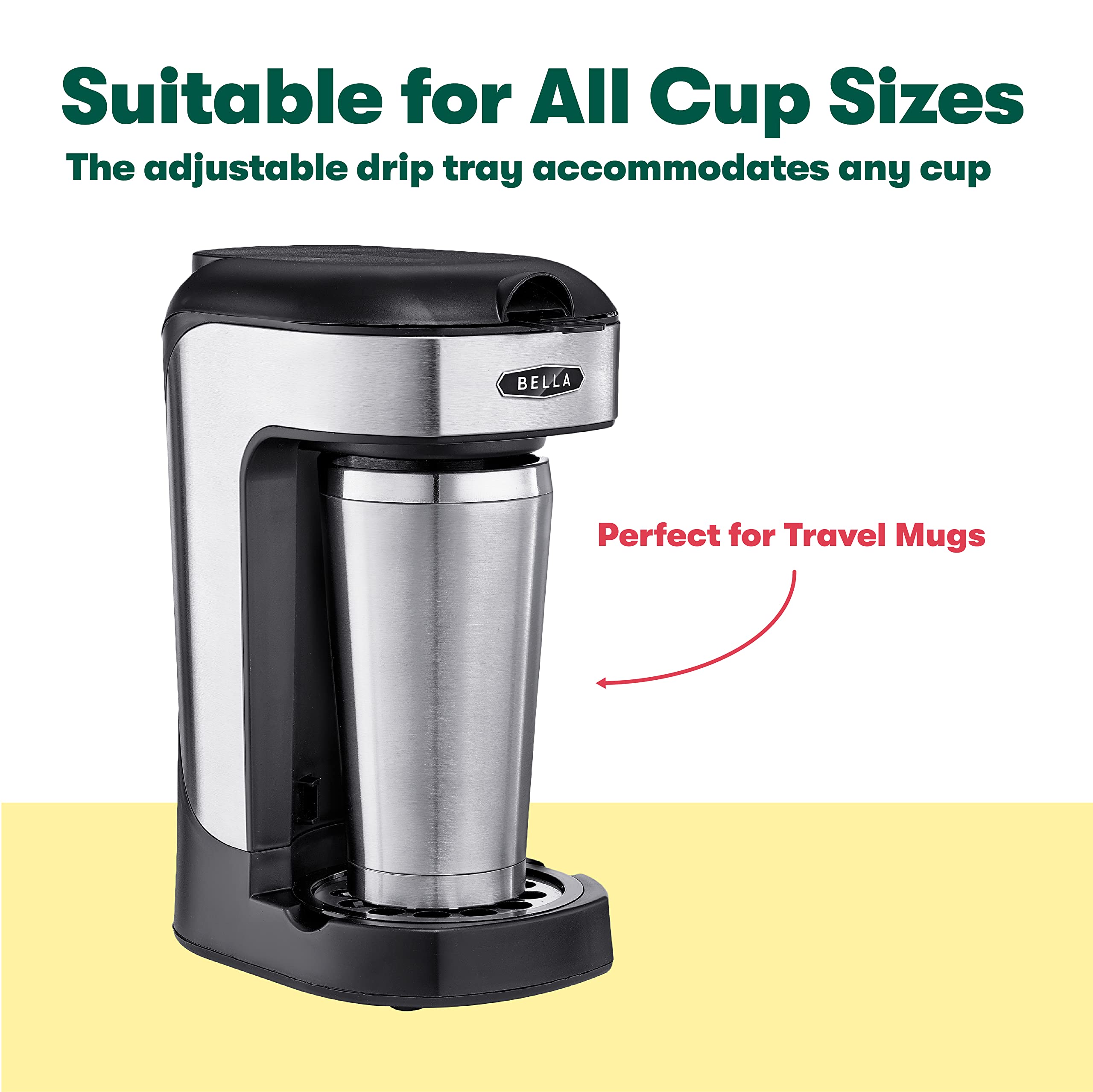 BELLA Single Serve Coffee Maker - One Scoop One Cup Brewer with Adjustable Drip Tray & Permanent Filter, Dishwasher Safe Stainless Steel - Perfect for Home, Office & Dorm Room Coffee Brewing