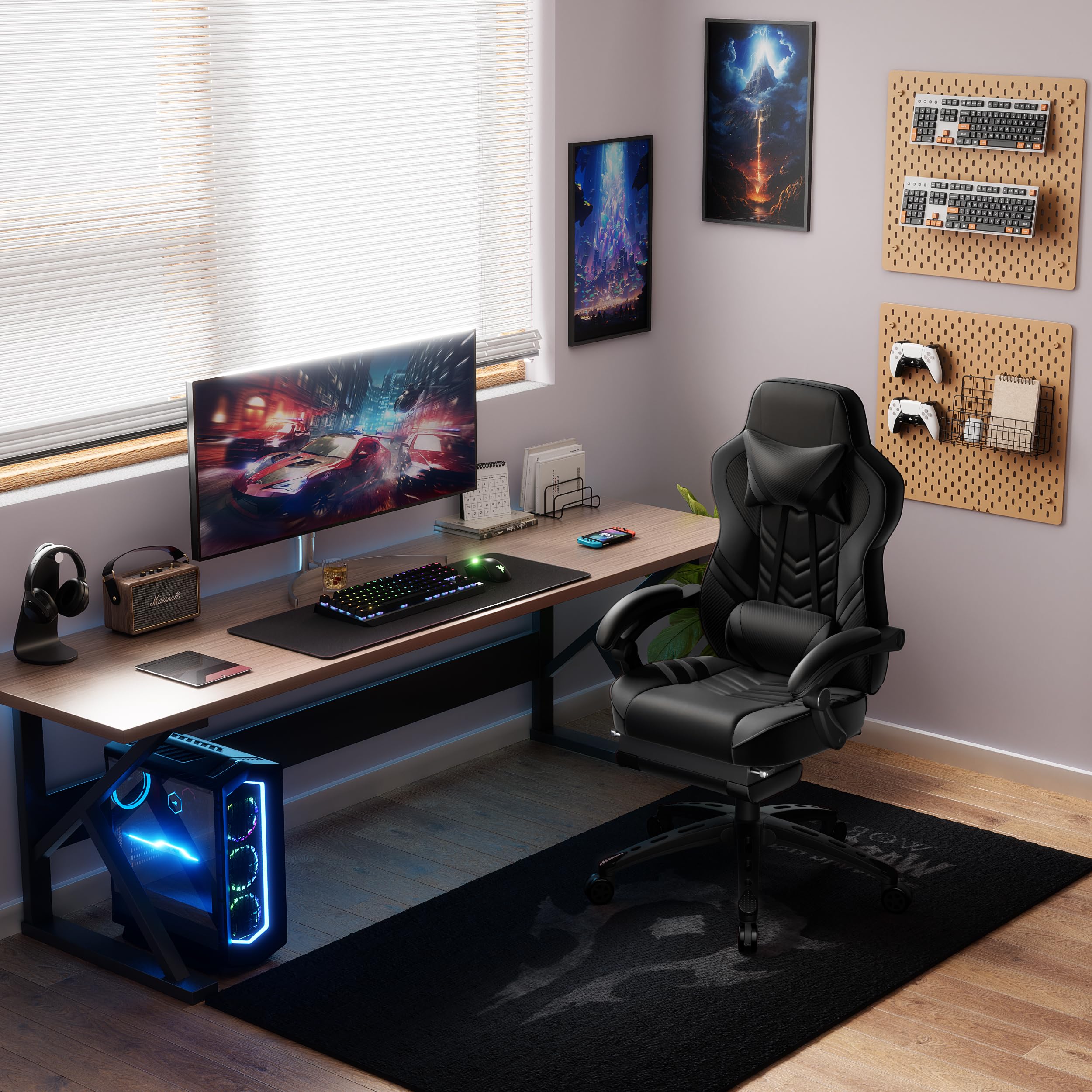 POWERSTONE Ergonomic Gaming Chair - Adjustable Racing Style PU Leather Computer Chair with Lumbar Support & Footrest - Black - Perfect for Esports, Office Work & Home Gaming Setup