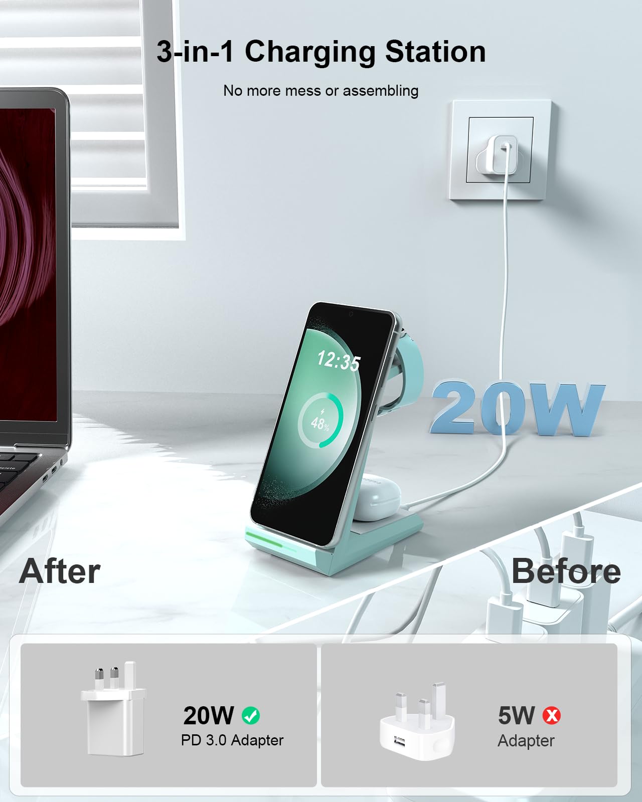 NANAMI 3-in-1 Wireless Charging Station for Samsung Galaxy S25 Ultra/S24/Z Fold/Flip 5, Fast Qi-Certified Charger Stand for Phone, Galaxy Buds & Watch 7 (Samsung Watch Only) - Perfect for Bedside, Office & Travel Charging