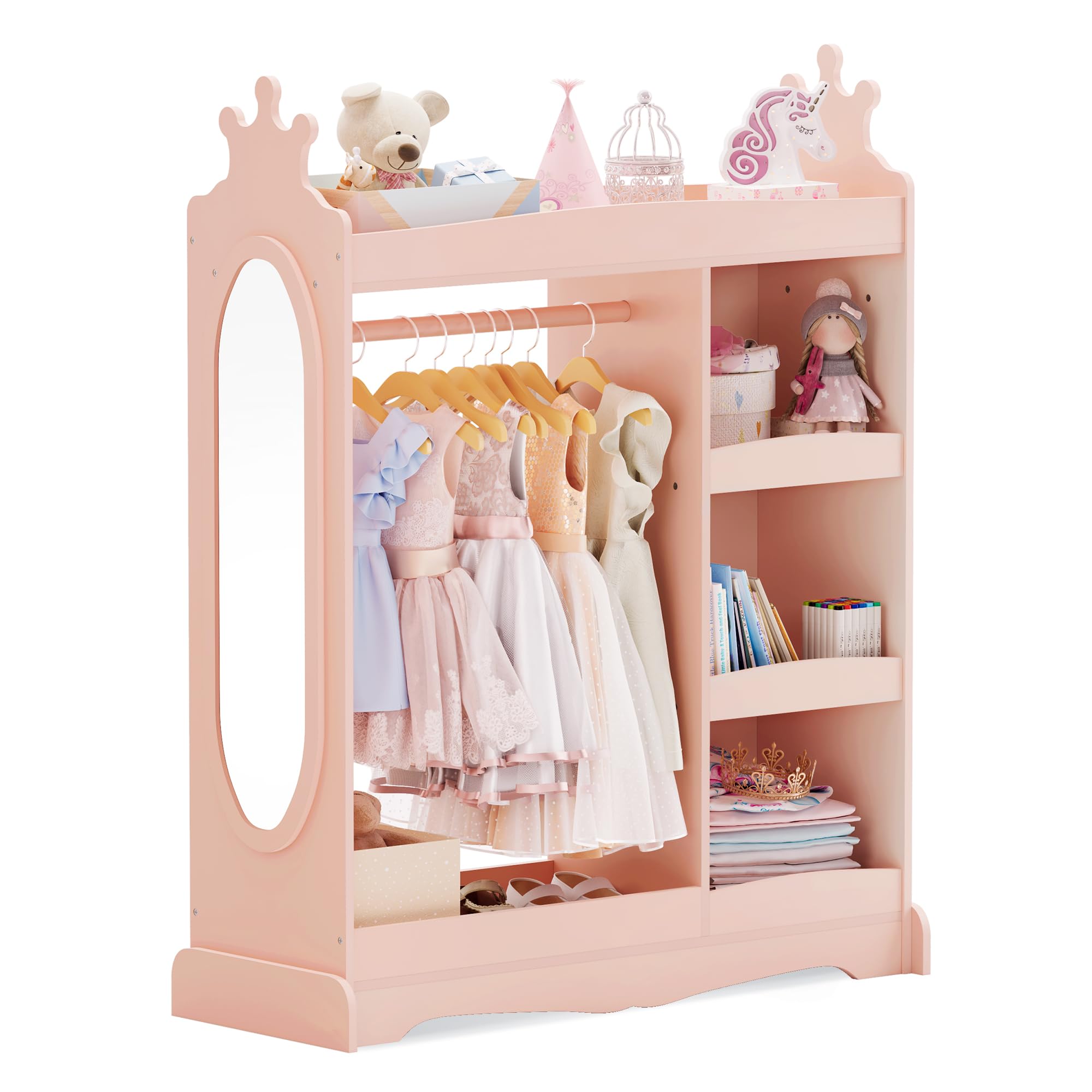 Pink Kids Wardrobe with Mirror & 3 Hooks - Girls Boys Closet Organizer, Costume Storage Armoire for Bedroom - Perfect for Toy Storage, Dress-Up Play & Bedroom Organization