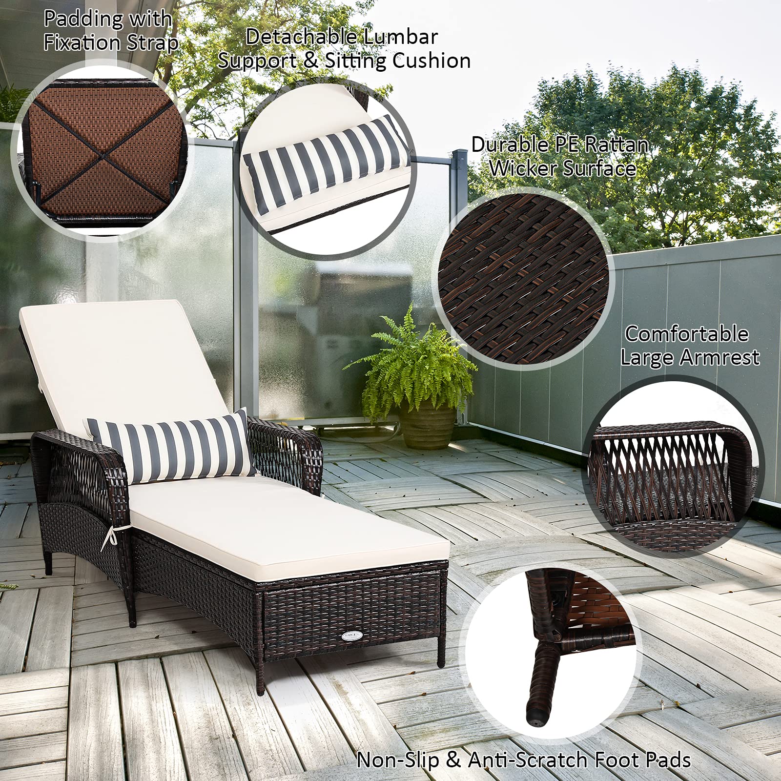 Hysache Patio Wicker Lounge Chair with Adjustable Backrest & Soft Cushion - Rattan Recliner for Poolside, Backyard, Balcony - Outdoor Relaxation & Sunbathing
