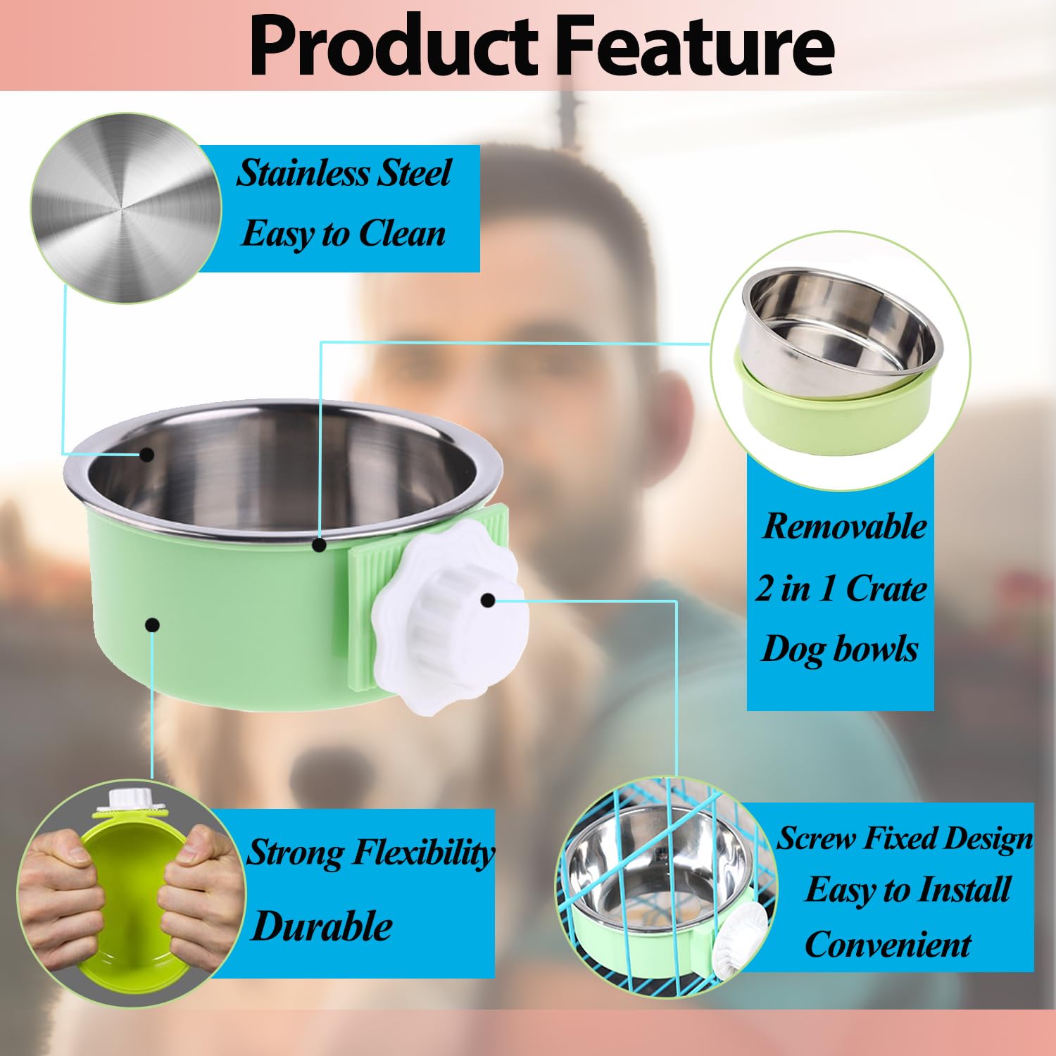 2 Pack Removable Stainless Steel Hanging Pet Bowls - Dog Food & Water Feeder for Kennel, Cage, Coop - Perfect for Puppies, Medium Dogs, Cats, Rabbits, Ferrets & Birds (Blue & Red) - Ideal for Travel, Camping & Indoor/Outdoor Use