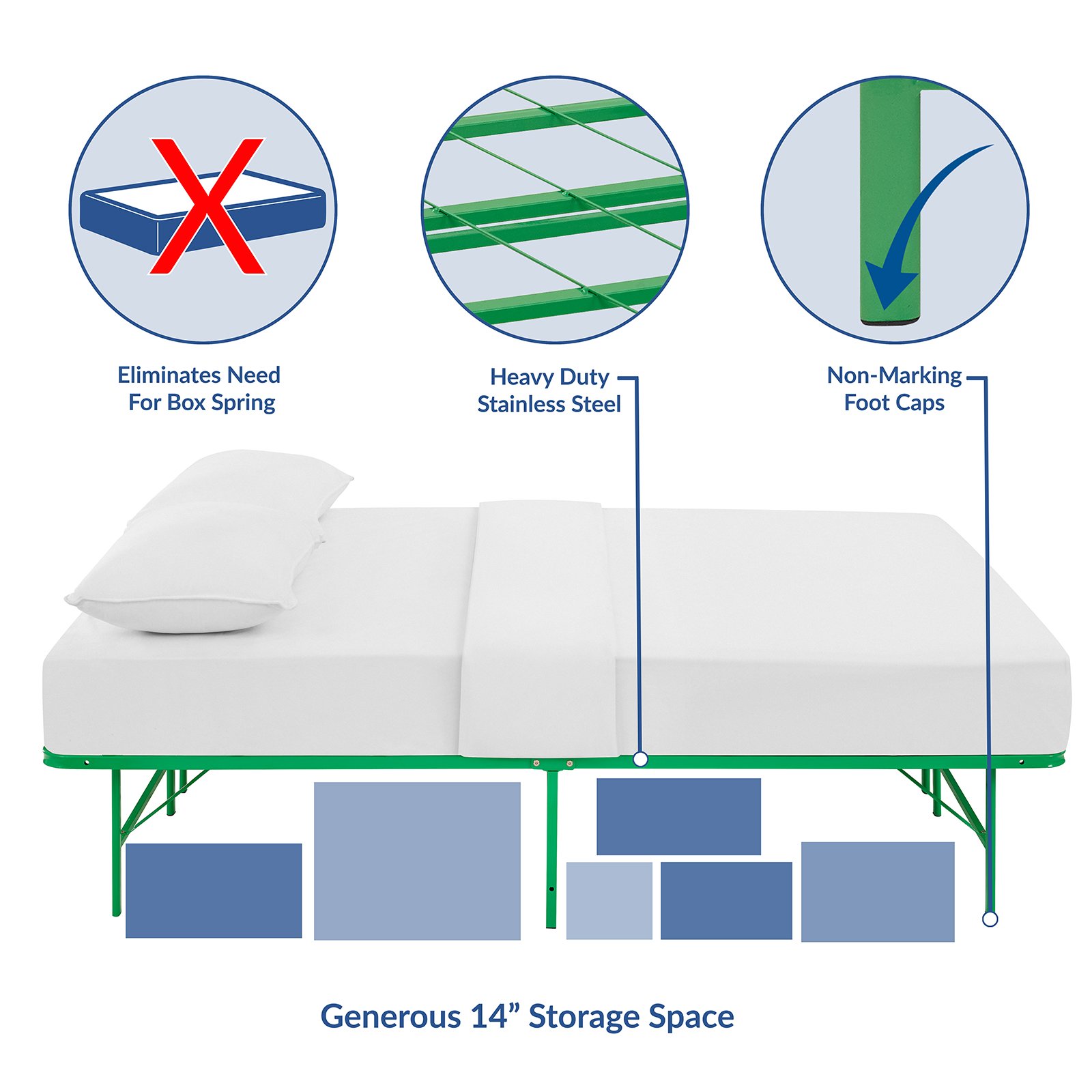 Modway Horizon Folding Metal Mattress Bed Frame - Queen Size, Green - Sturdy Box Spring Replacement for Bedrooms, Guest Rooms & Dorm Rooms