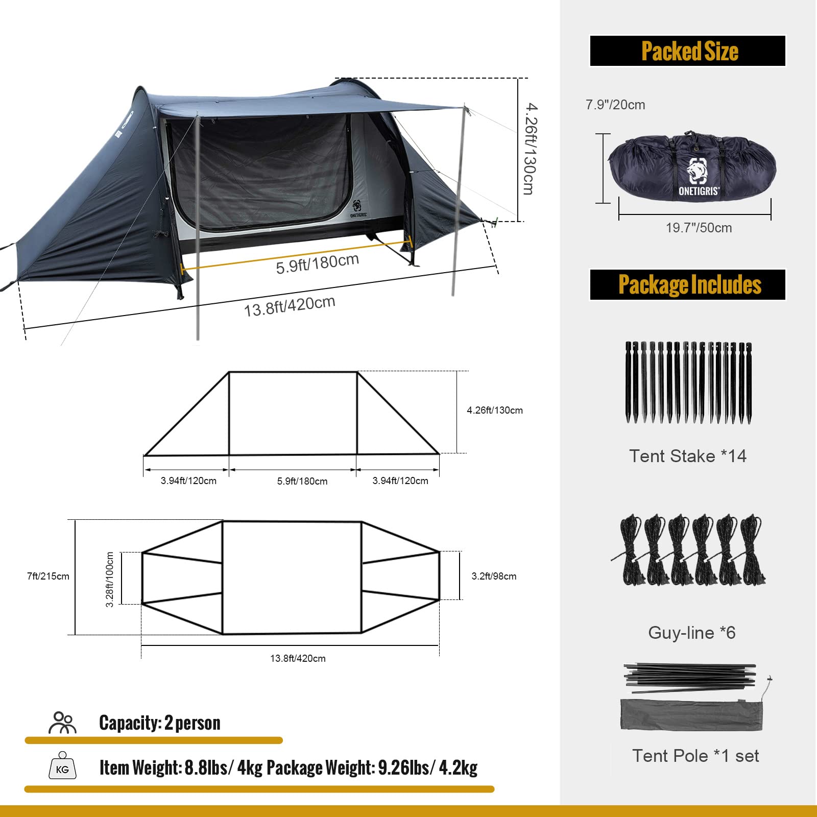 OneTigris COMETA Windproof Waterproof Camping Tent - Detachable Mesh Inner Tent & Carry Bag Included - Easy Setup Lightweight Backpacking Tent for Hiking, Beach, Picnic, Family Outdoor Adventures