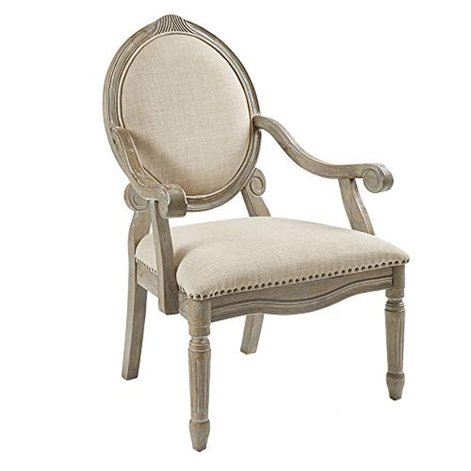 Madison Park Brentwood Accent Chair - Birch Hardwood Frame, Hand Carved Scroll Design, Modern Classic Style Armchair for Living Room, Bedroom & Lounge - Medium Beige Upholstered Sofa Chair - Perfect for Reading Nook, Home Office or Cozy Corner Decor