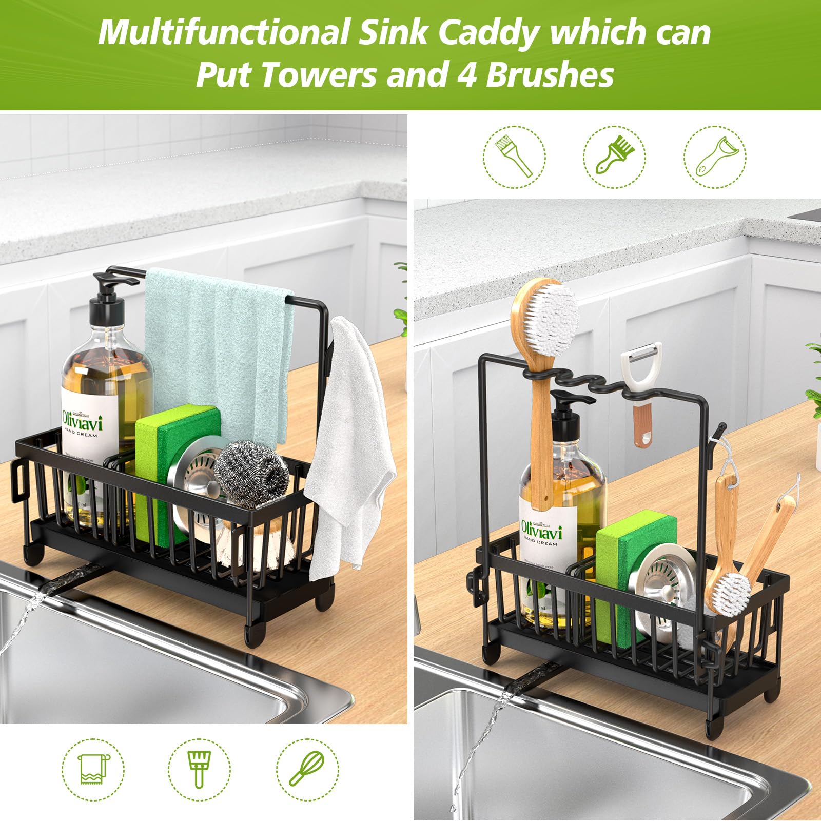 Stainless Steel Kitchen Sink Organizer with Removable Drain Tray & Sponge Holder - Adjustable Partitions, Dishcloth Hanger & Brush Drainer - Perfect for Small Kitchen Organization & Sink Storage (Black) - Ideal for Apartment, RV, and Compact Kitchen Spaces
