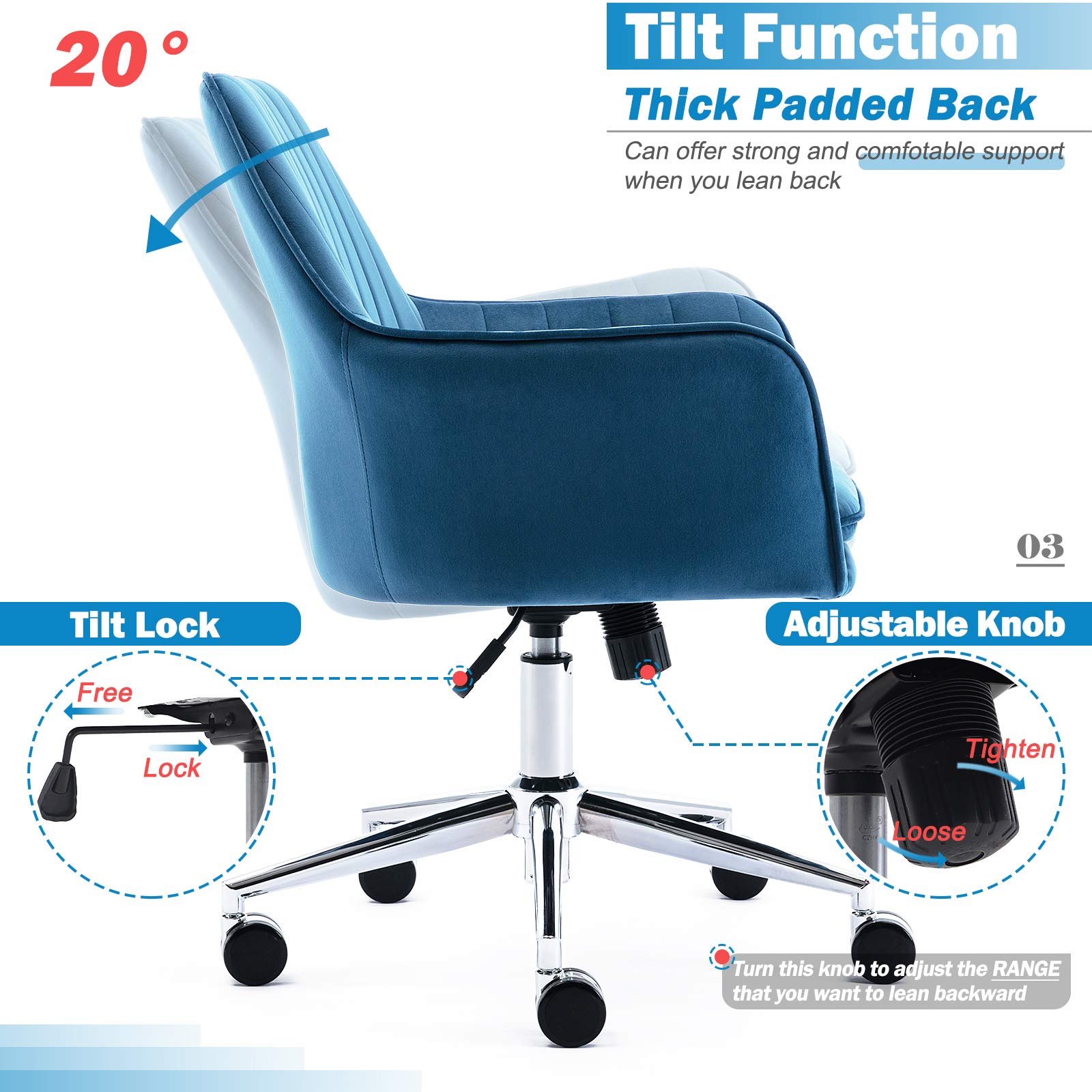 Jacky Home Velvet Office Desk Chair - Mid-Back Ergonomic Computer Chair with Adjustable Height, 360° Swivel & Wheels - Modern Upholstered Task Chair with Arms for Home Office, Study, Living Room & Bedroom (Blue) - Perfect for Remote Work, Gaming & Relaxation