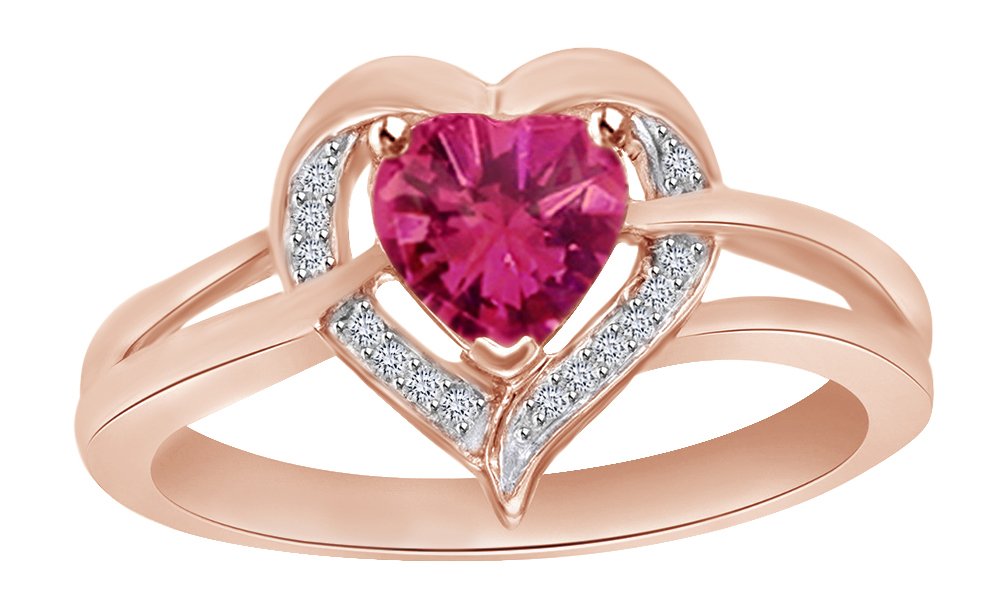 14k Gold Over Sterling Silver Simulated Pink Sapphire & Diamond Heart Ring – Elegant Solitaire Jewelry for Valentine's Day, Anniversary & Romantic Gifts