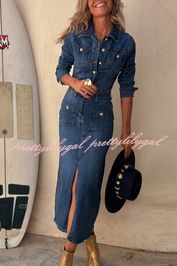 Stylish Tessy Denim Stretch Midi Dress with Metal Buttons & Zipper Detail - Perfect for Casual Outings, Date Nights & Office Wear