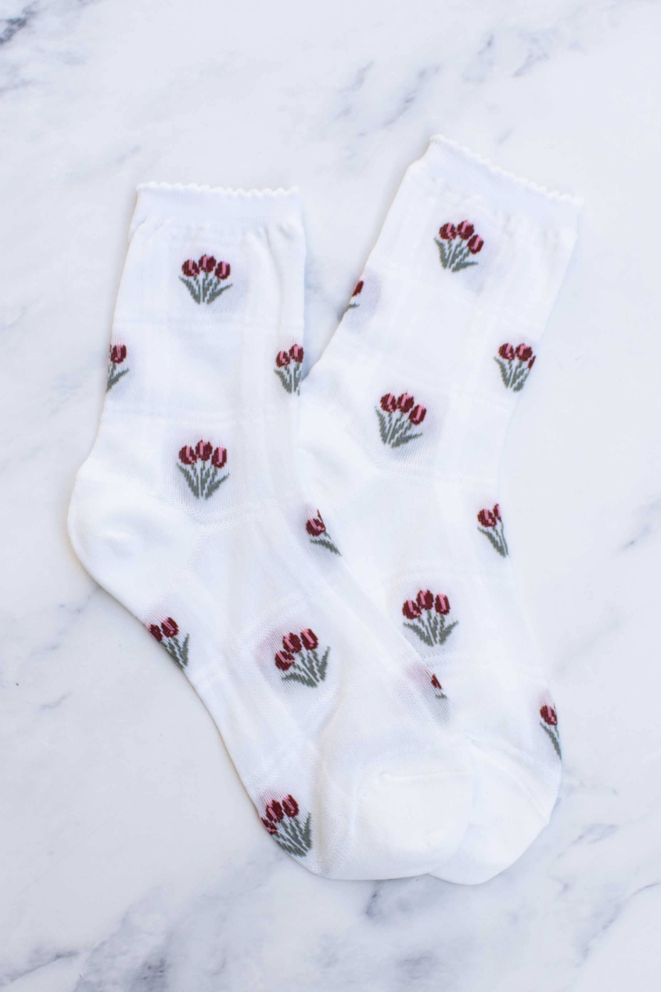 Sheer Tulip Socks for Women - Delicate White Floral Ankle Socks | Perfect for Spring Outfits, Weddings & Special Occasions