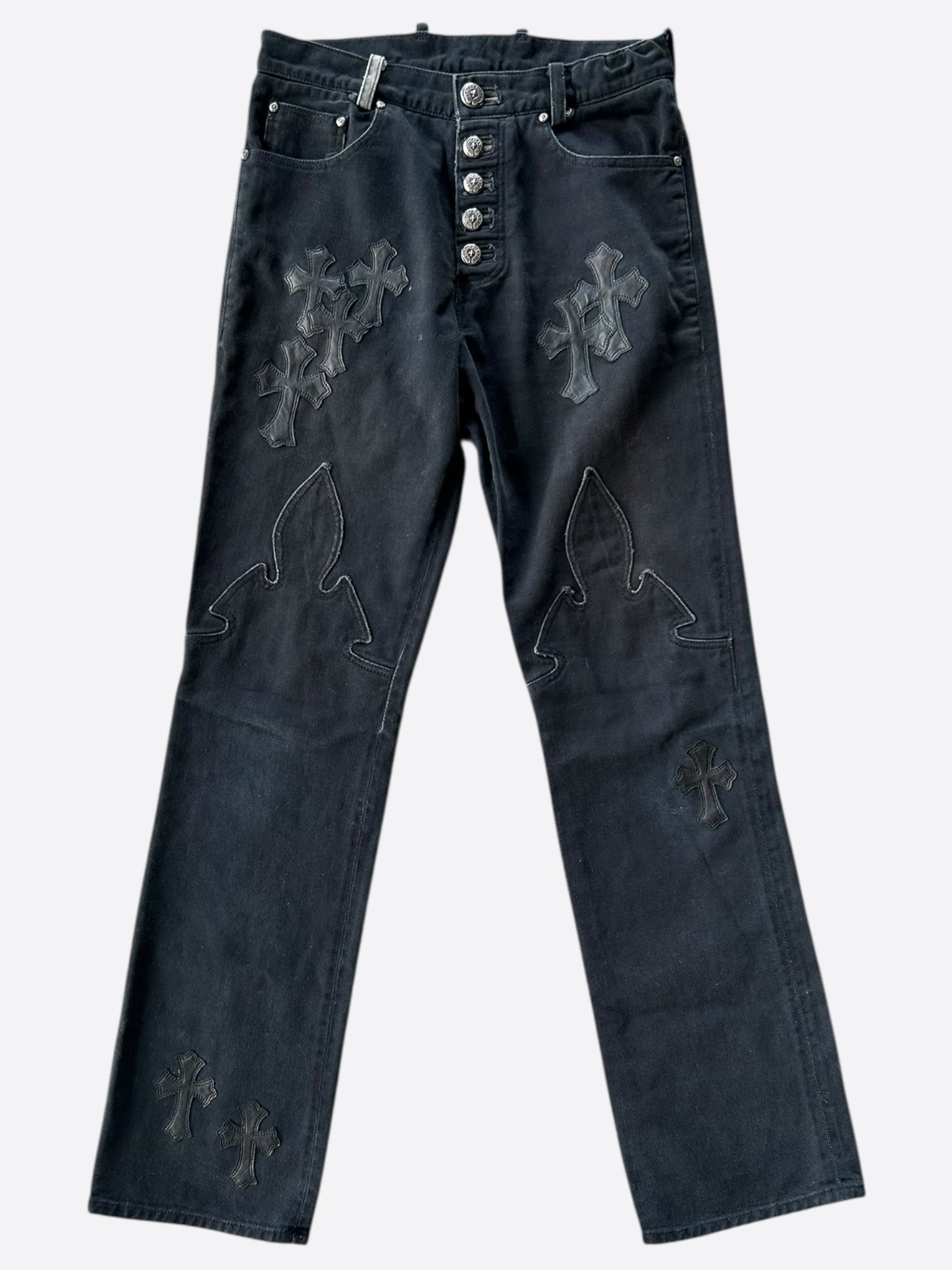 Chrome Hearts Black Cross Fleur Patch Jeans - Punk Rock Gothic Denim Pants for Men & Women | Perfect for Concerts, Parties & Streetwear Fashion