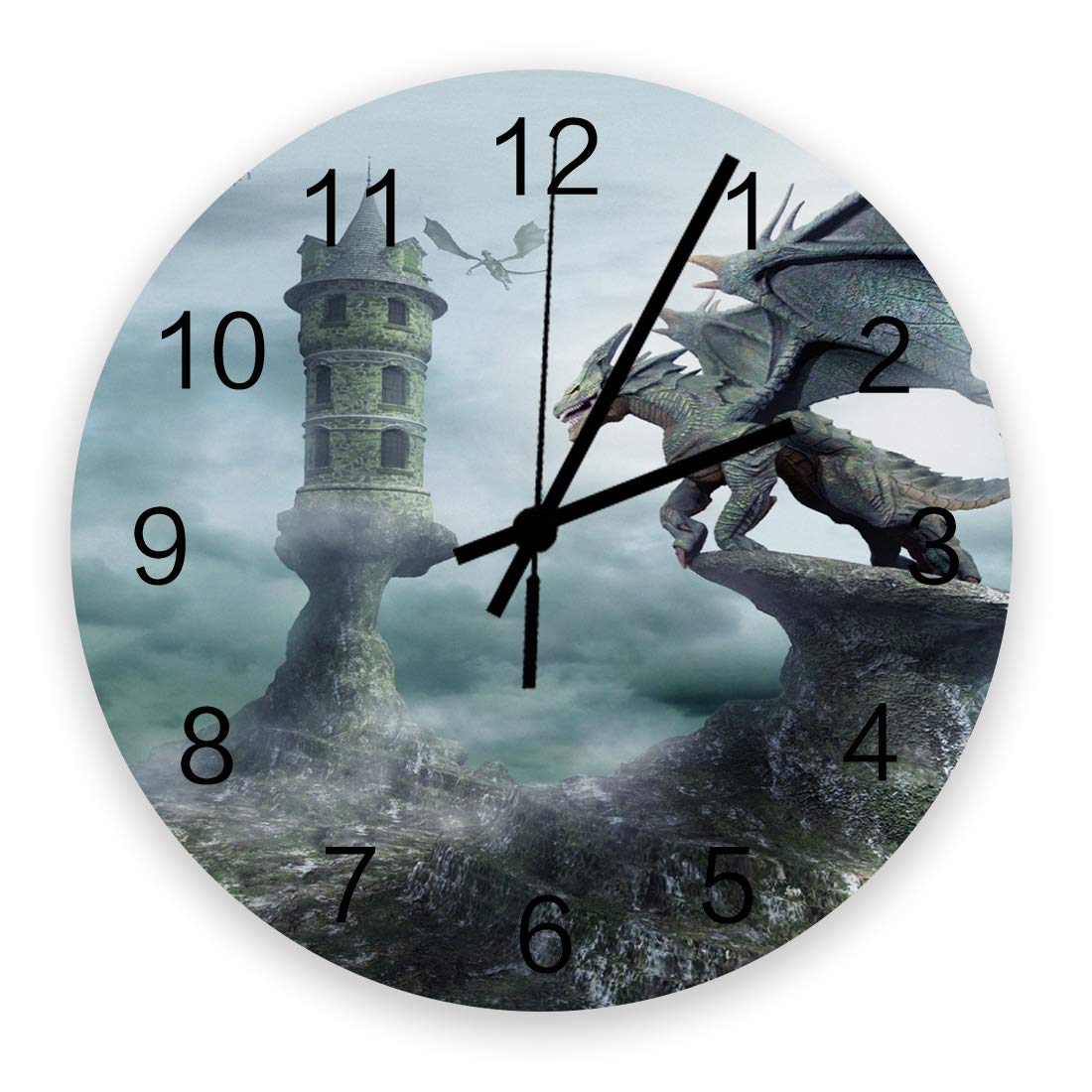 12 Inch Silent Non-Ticking Wall Clock - Wooden Roman Numeral Decorative Clock with Western Dragon & Lighthouse Design - Battery Operated for Kitchen, Living Room, Office & Bedroom